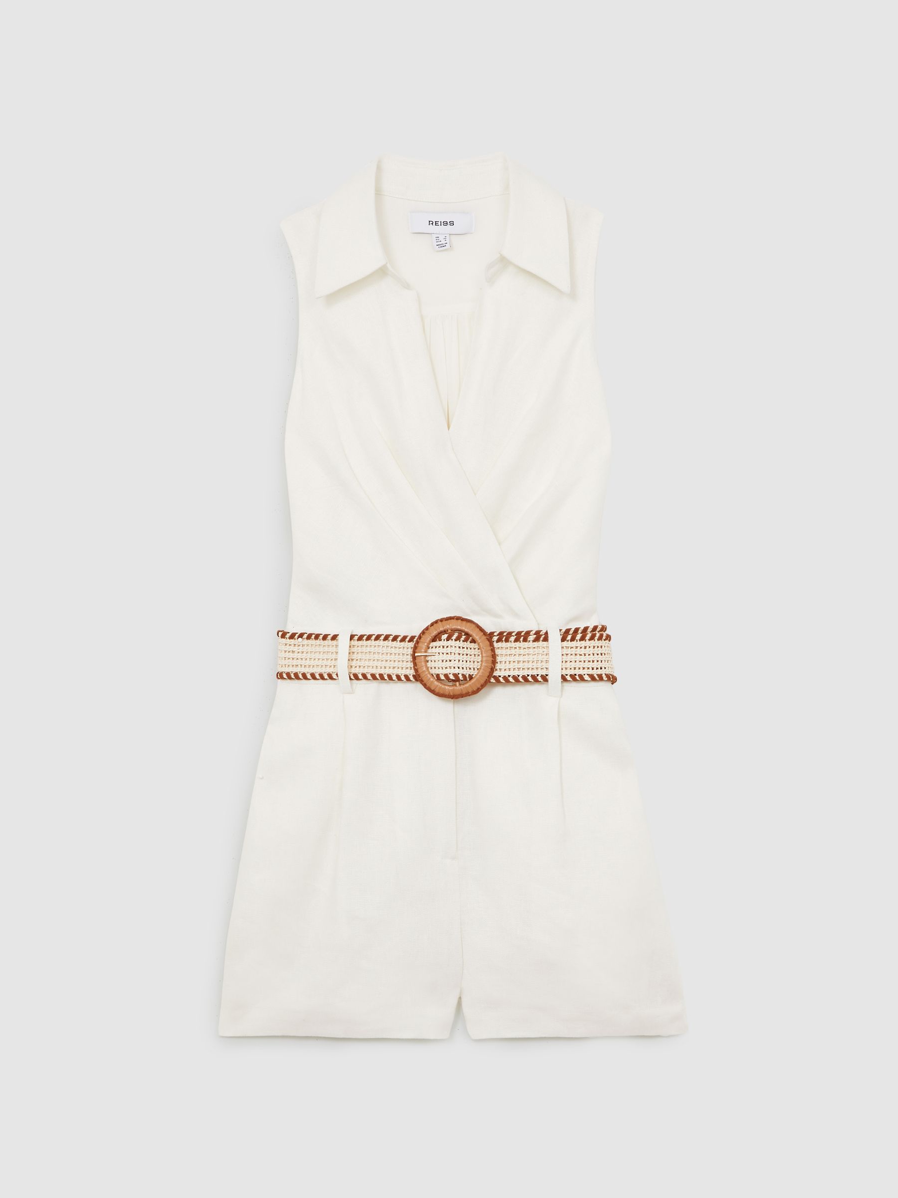Linen Belted Sleeveless Wrap Playsuit in Cream - Image 2 of 6