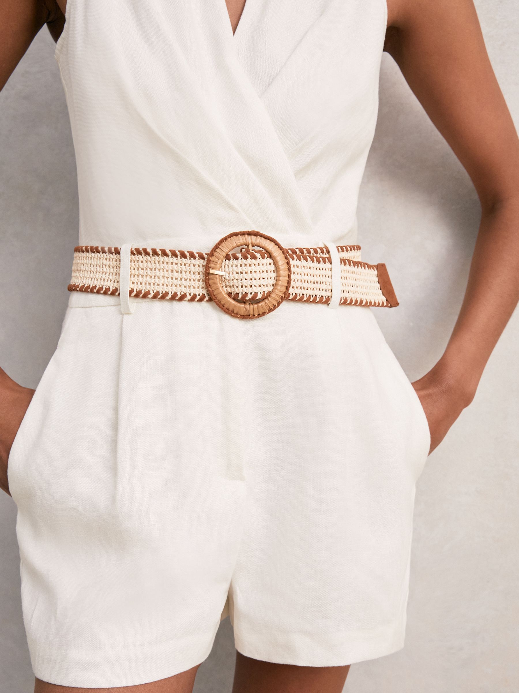 Linen Belted Sleeveless Wrap Playsuit in Cream - Image 4 of 6
