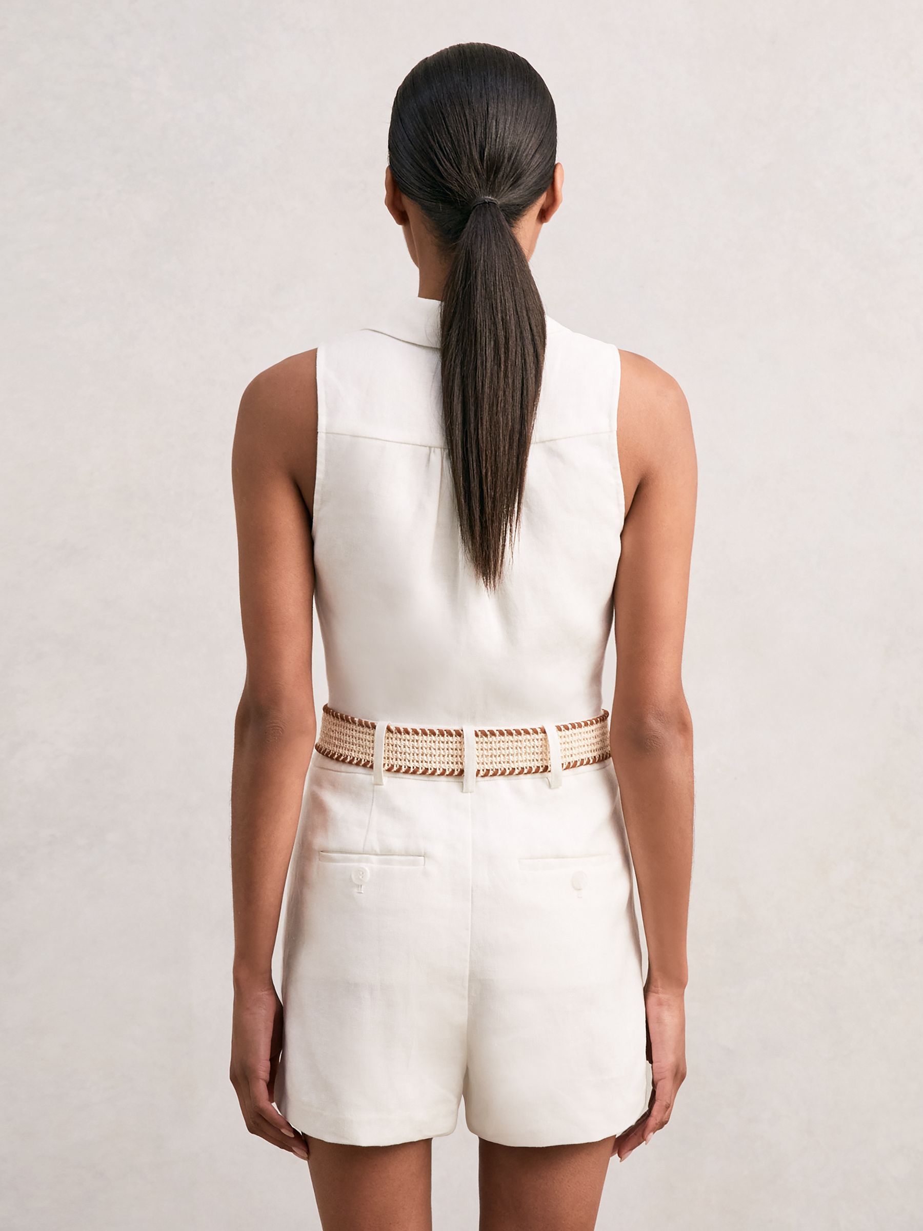 Linen Belted Sleeveless Wrap Playsuit in Cream - Image 5 of 6