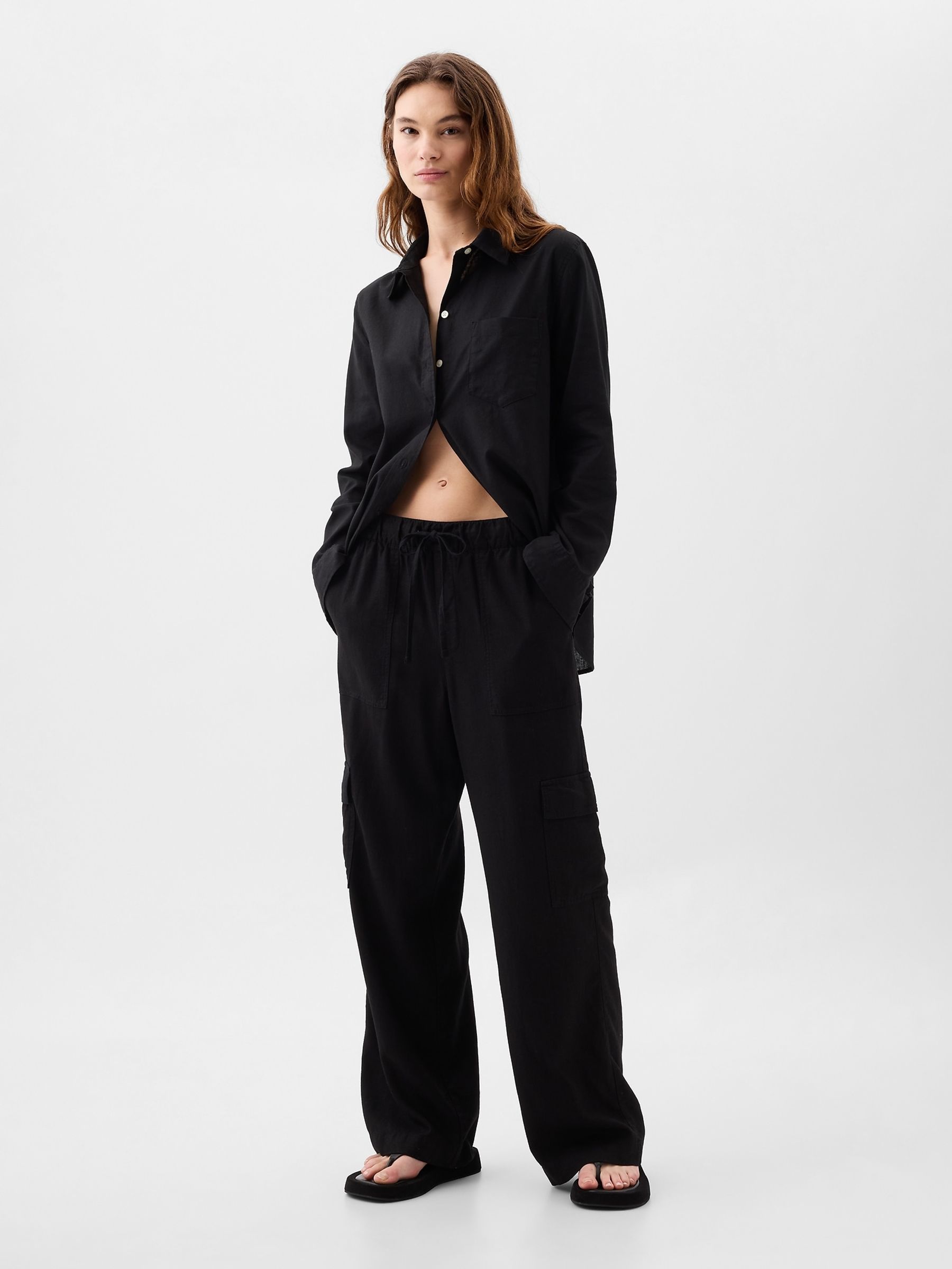 Black Linen Blend Wide Leg Cargo Pull On Trousers - Image 1 of 2
