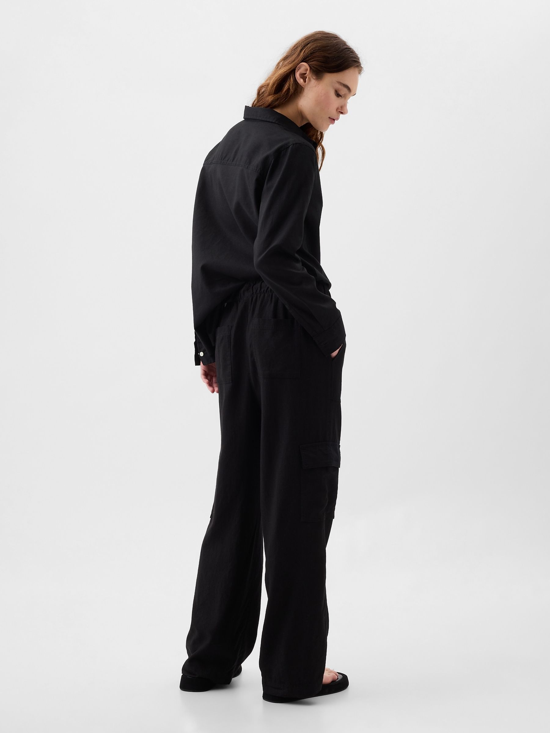 Black Linen Blend Wide Leg Cargo Pull On Trousers - Image 2 of 2