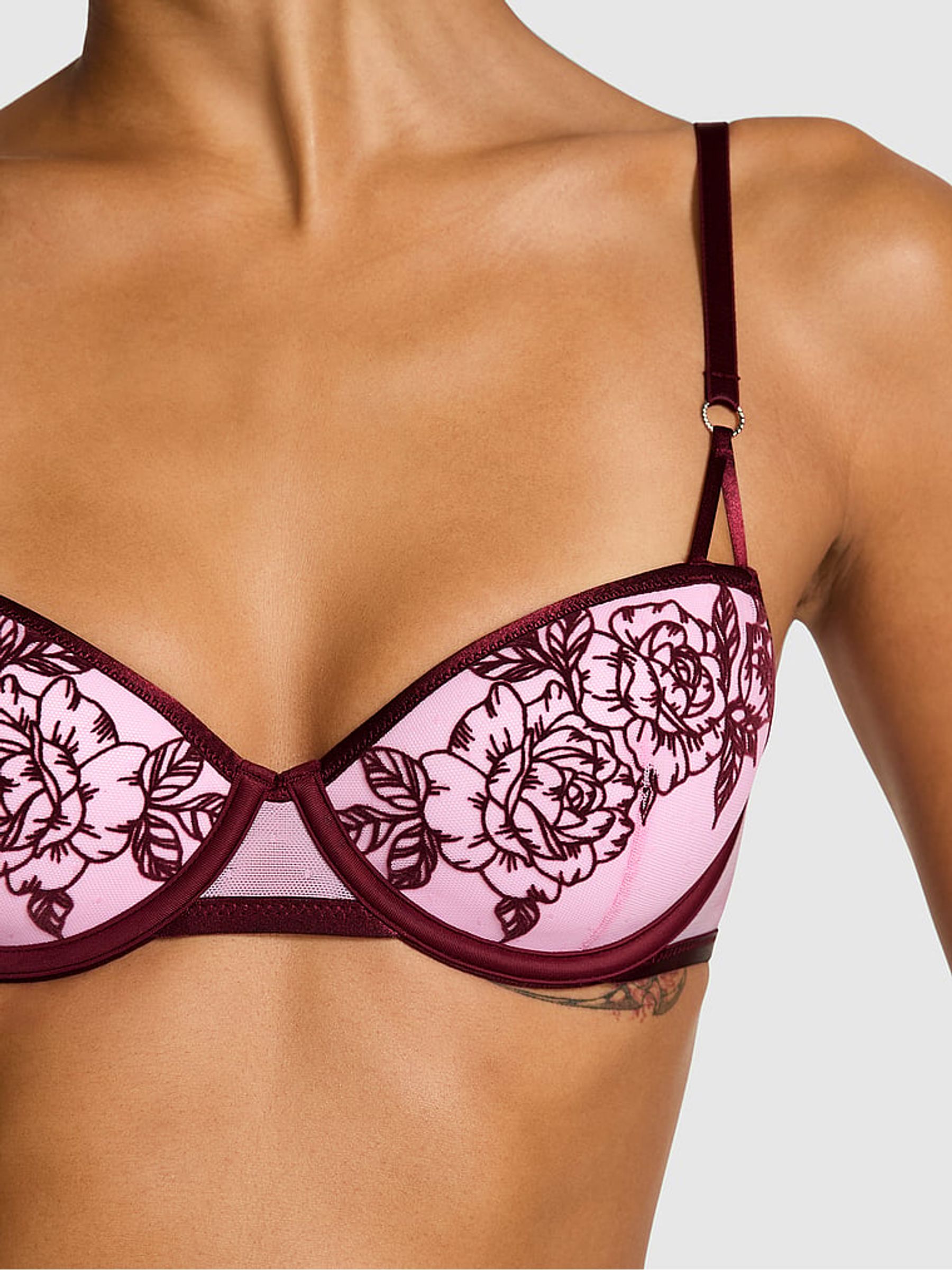 Burgandy Pink Rose Applique Mesh Bra - Image 3 of 3