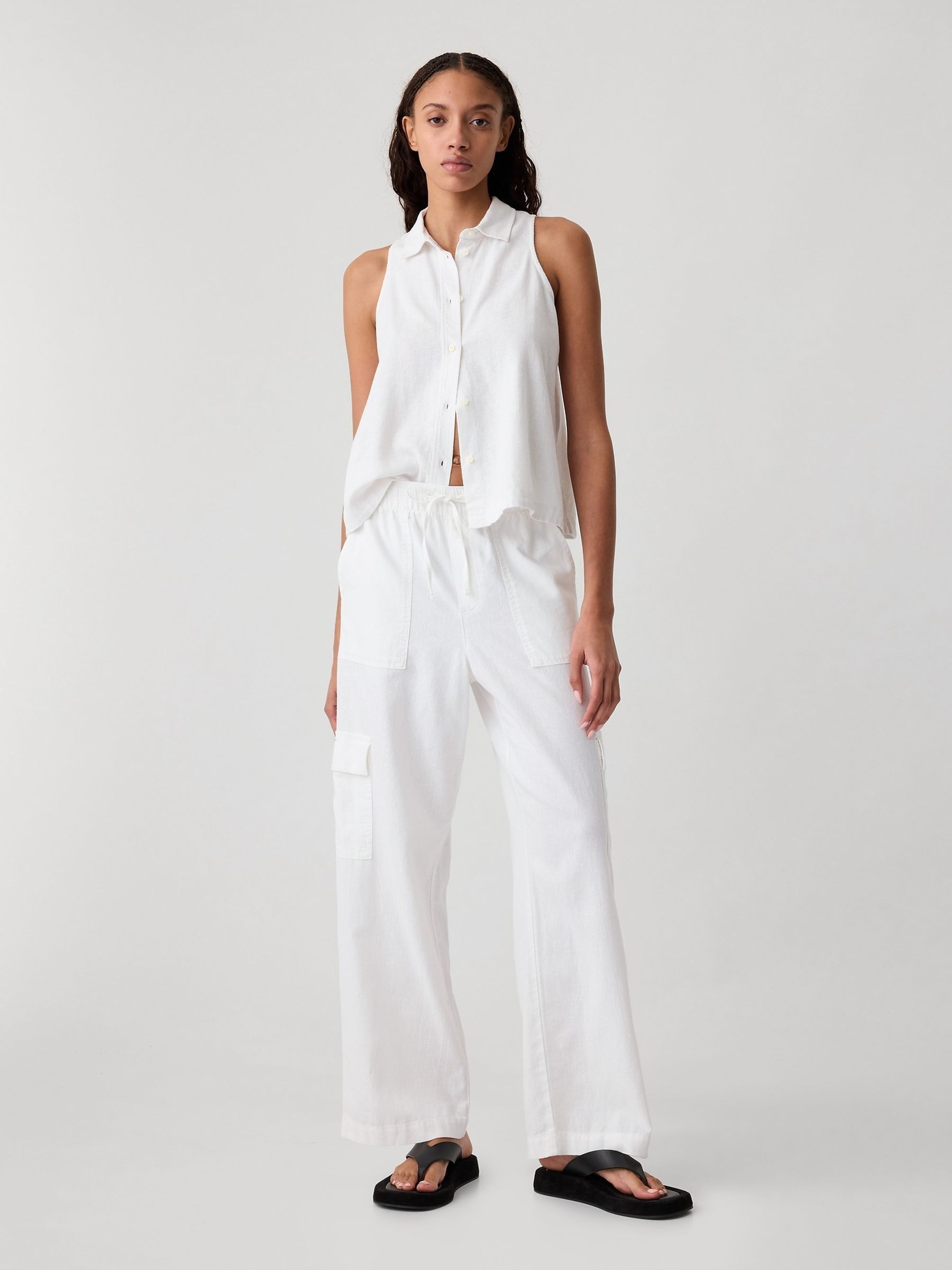 White Linen Blend Wide Leg Cargo Pull On Trousers - Image 1 of 7