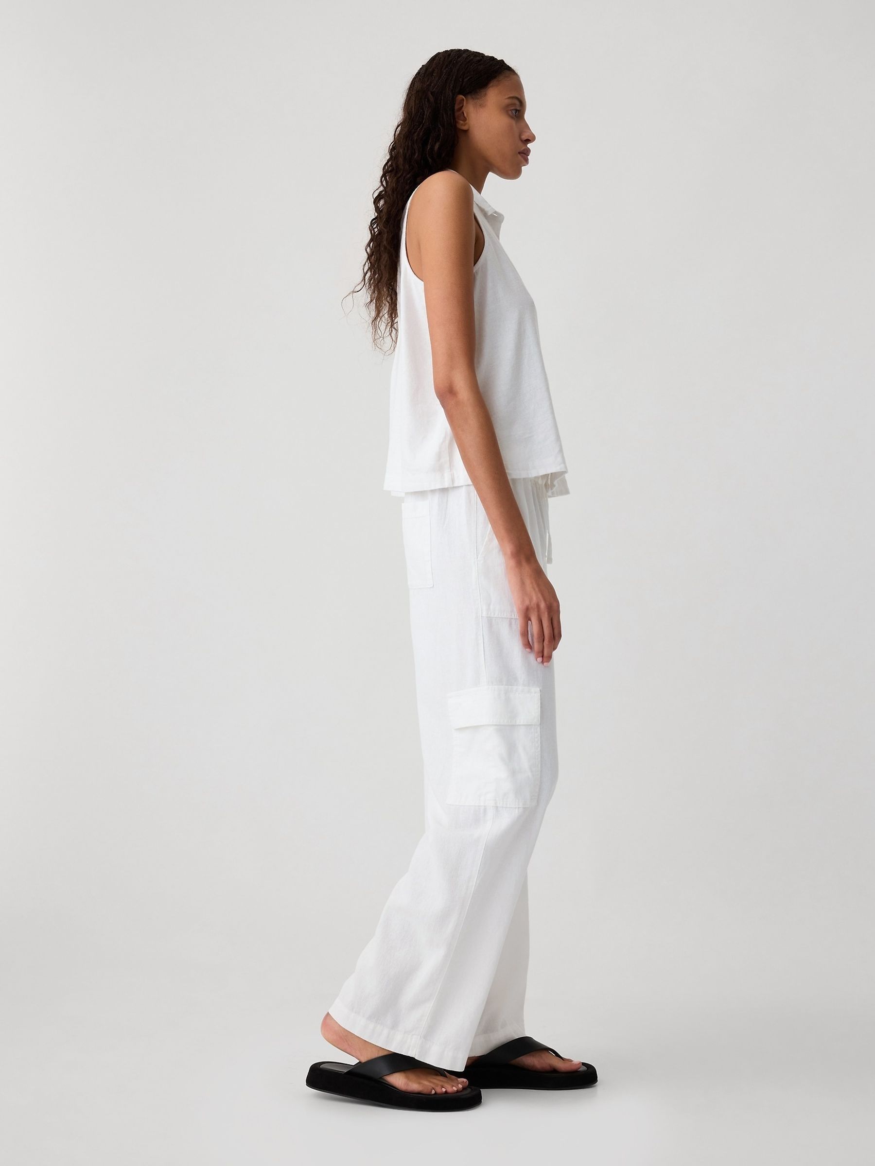 White Linen Blend Wide Leg Cargo Pull On Trousers - Image 2 of 7