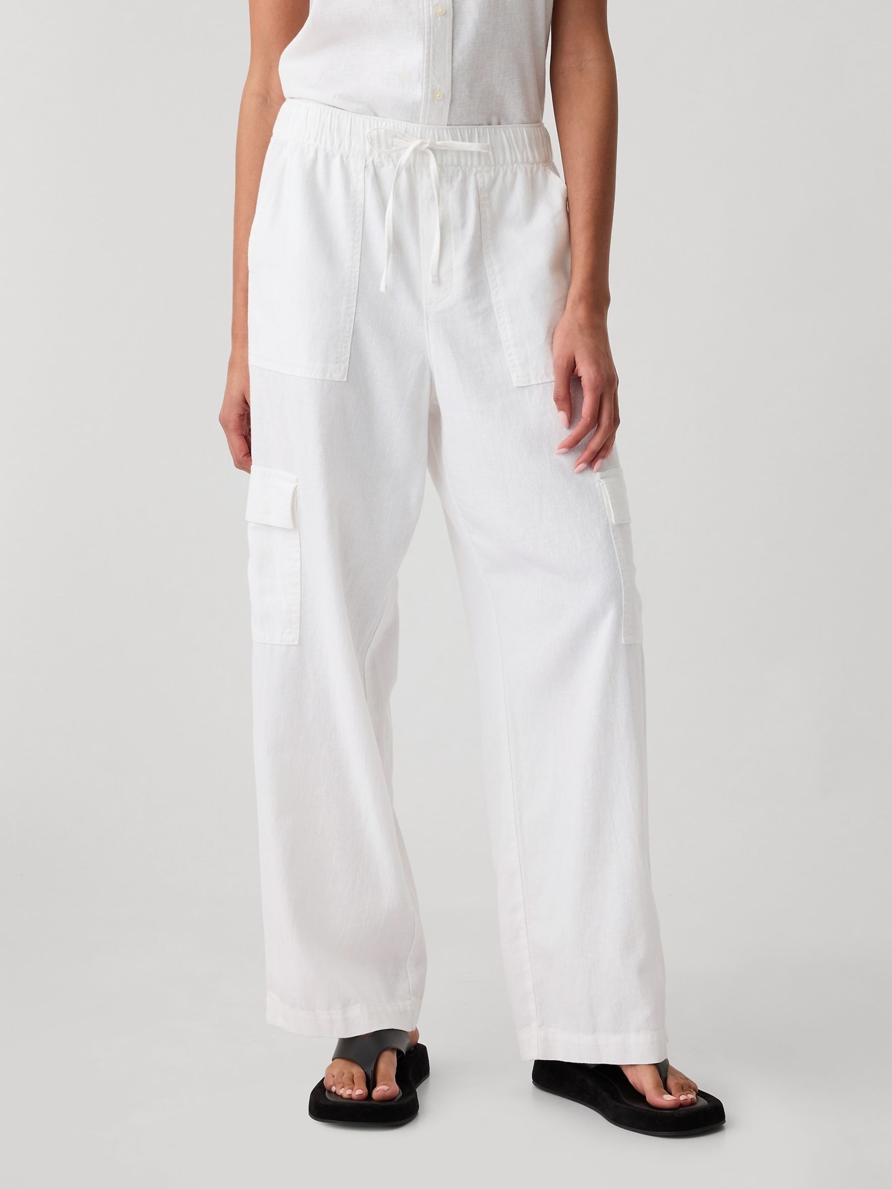 White Linen Blend Wide Leg Cargo Pull On Trousers - Image 3 of 7