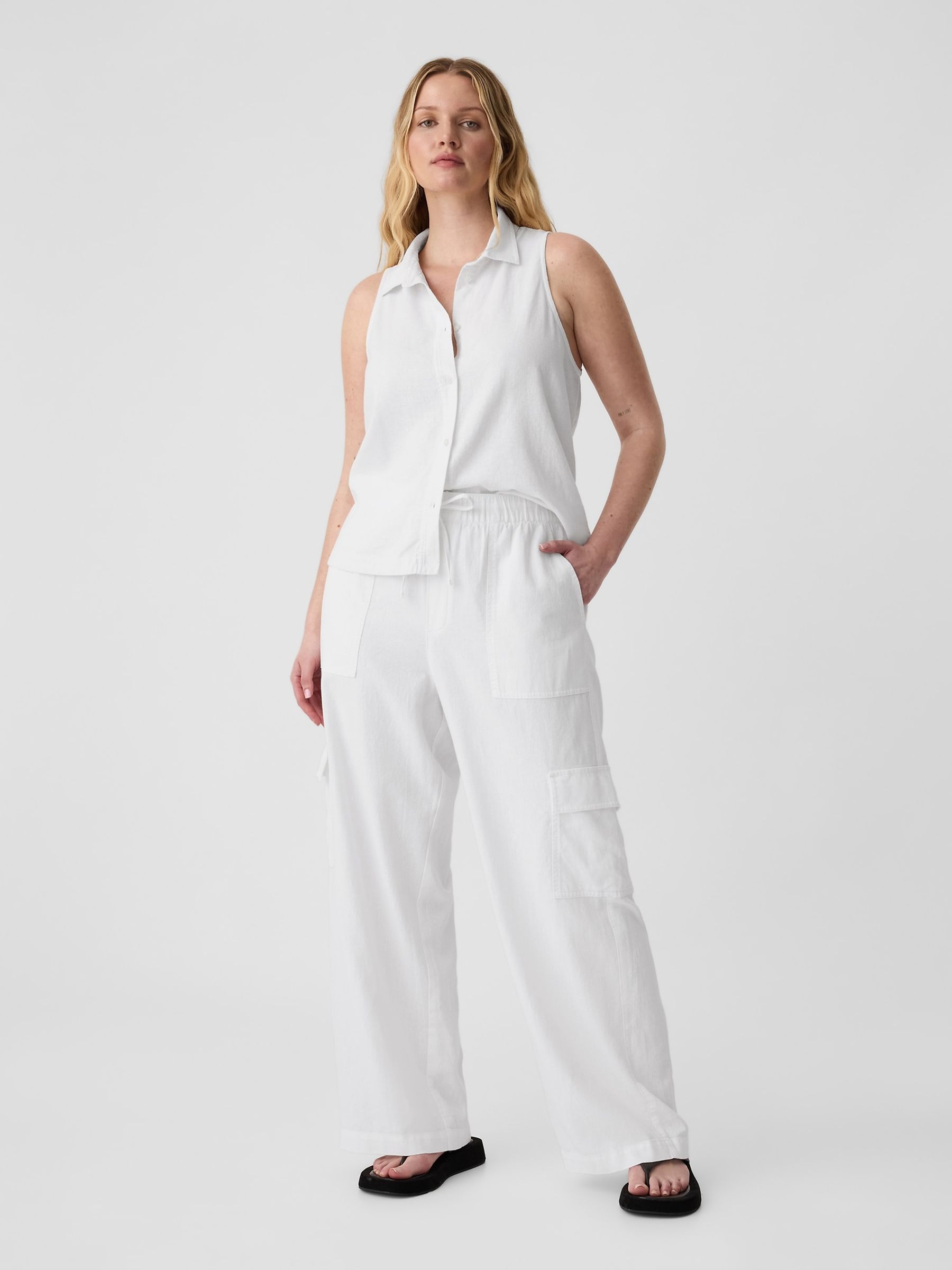White Linen Blend Wide Leg Cargo Pull On Trousers - Image 4 of 7