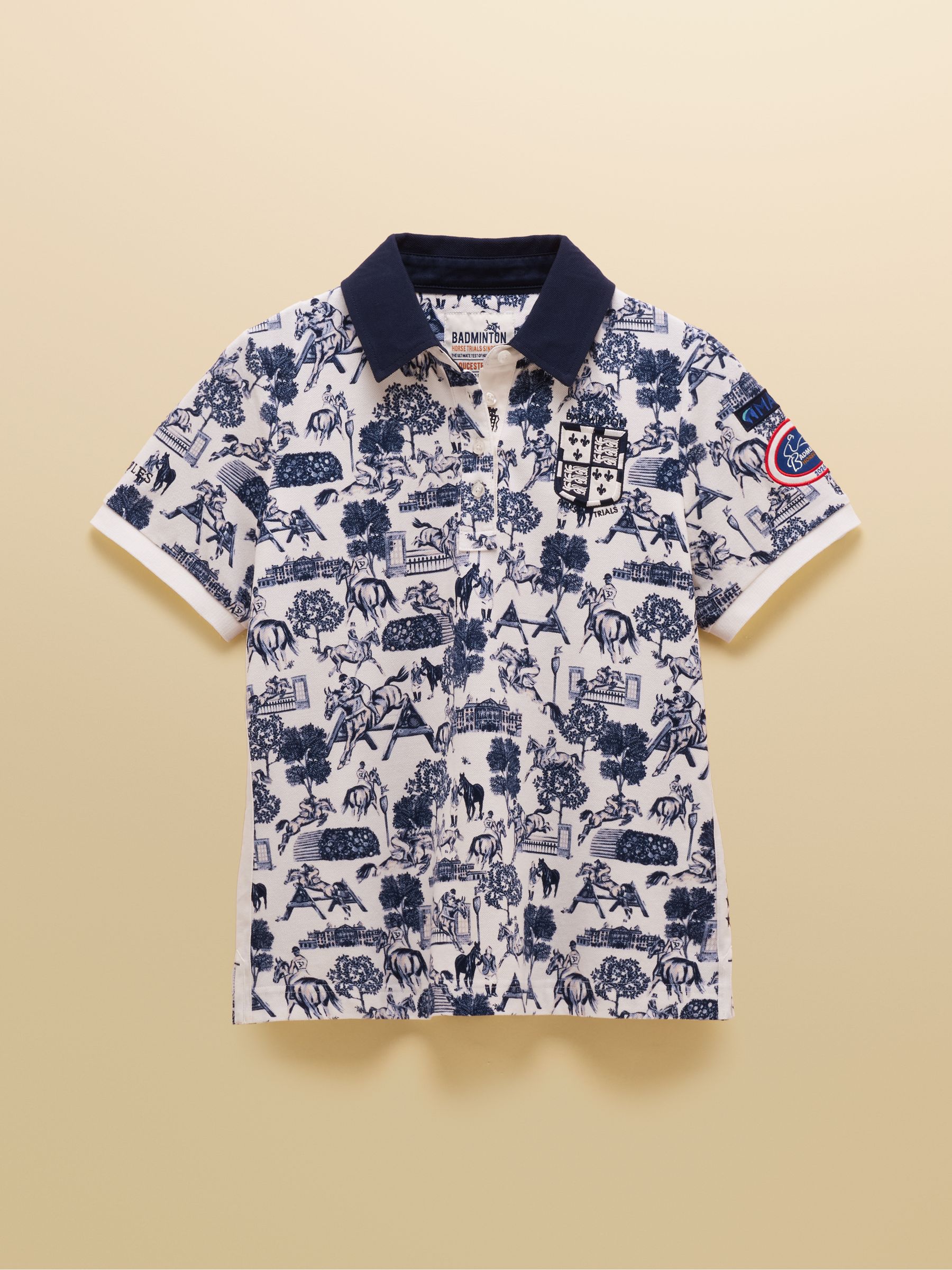 Cream/Blue Official Badminton Horse Trials Equestrian Print Cotton Pique Polo Shirt - Image 15 of 15