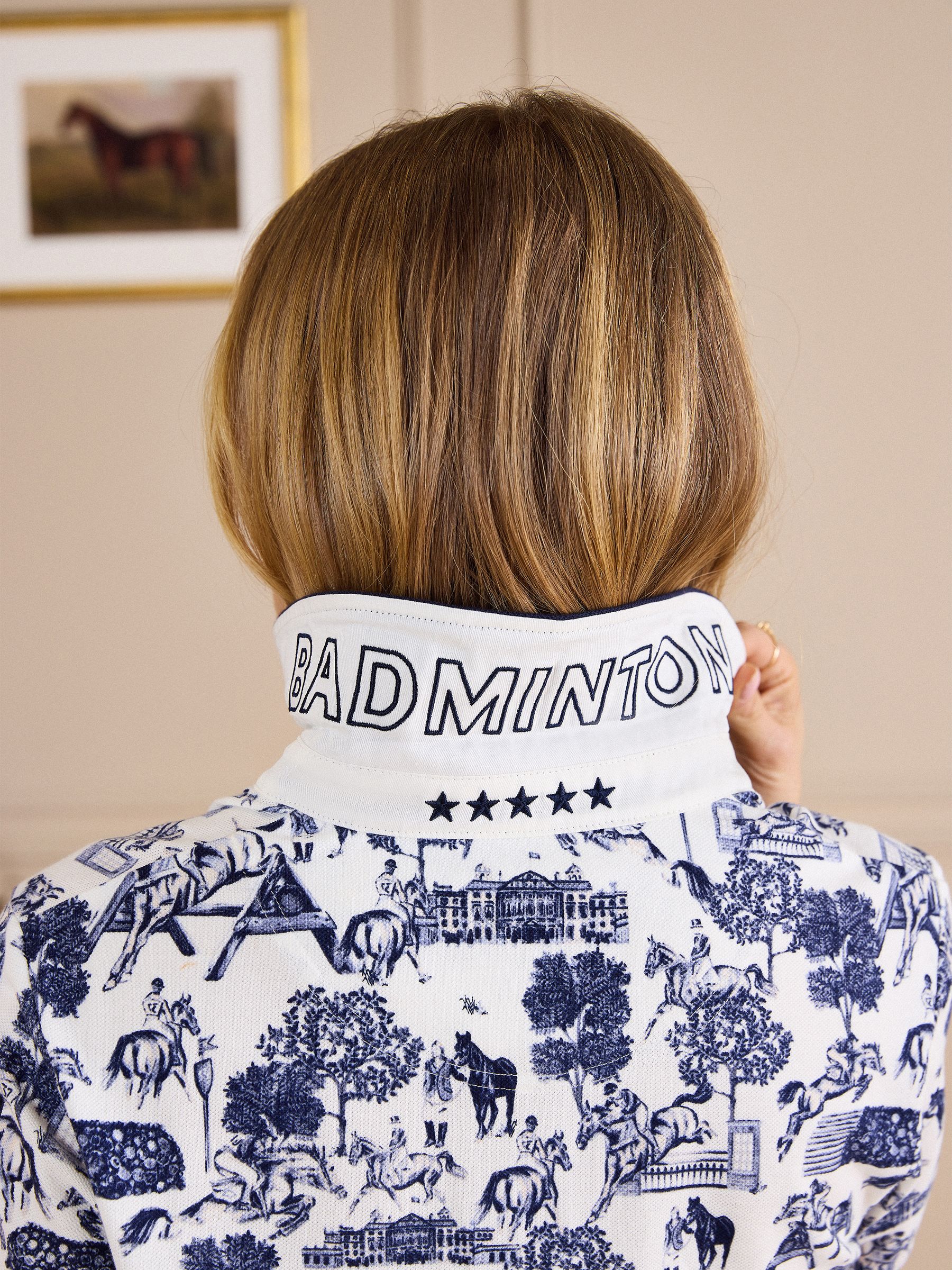 Cream/Blue Official Badminton Horse Trials Equestrian Print Cotton Pique Polo Shirt - Image 2 of 15