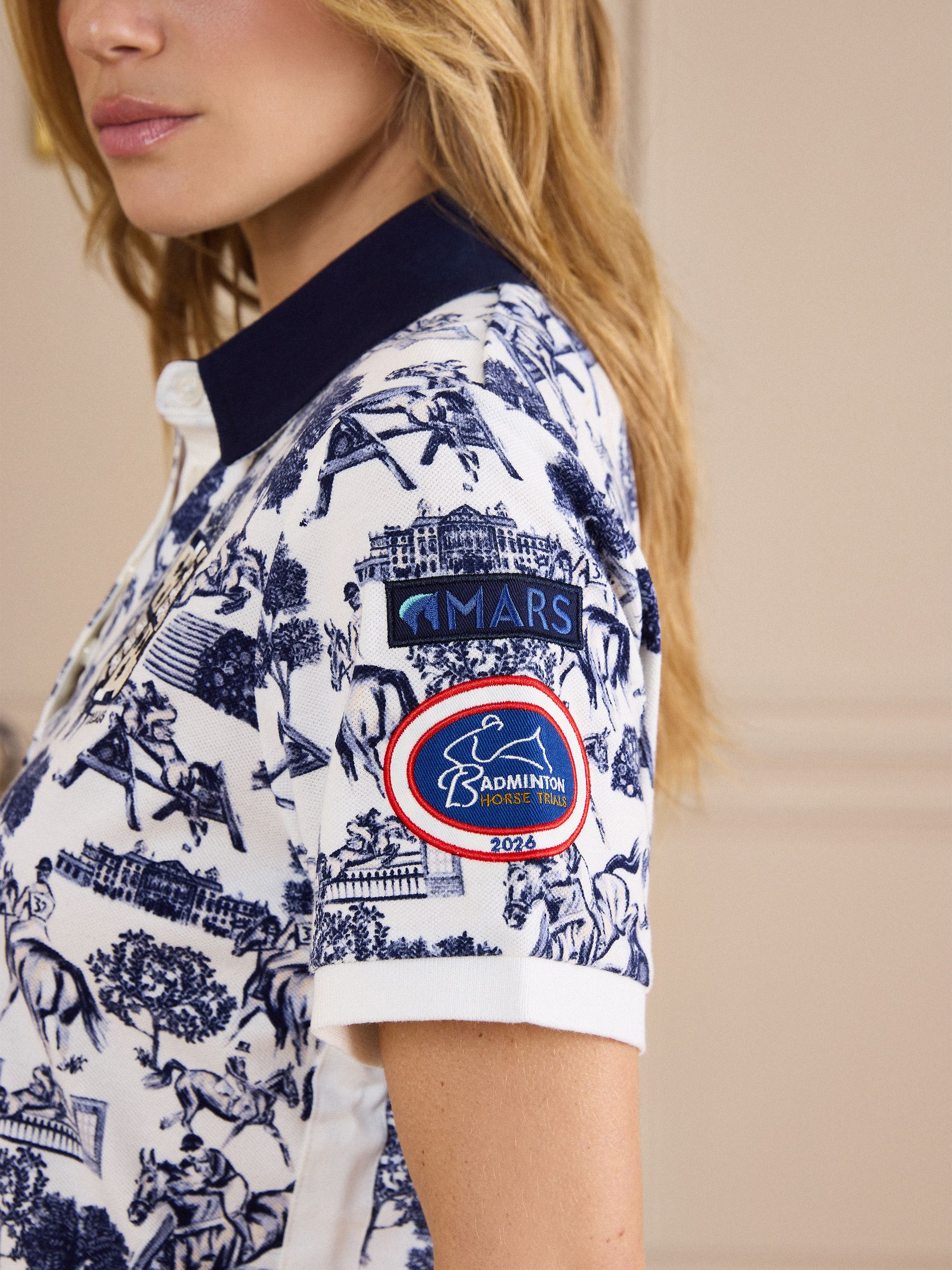 Cream/Blue Official Badminton Horse Trials Equestrian Print Cotton Pique Polo Shirt - Image 3 of 15