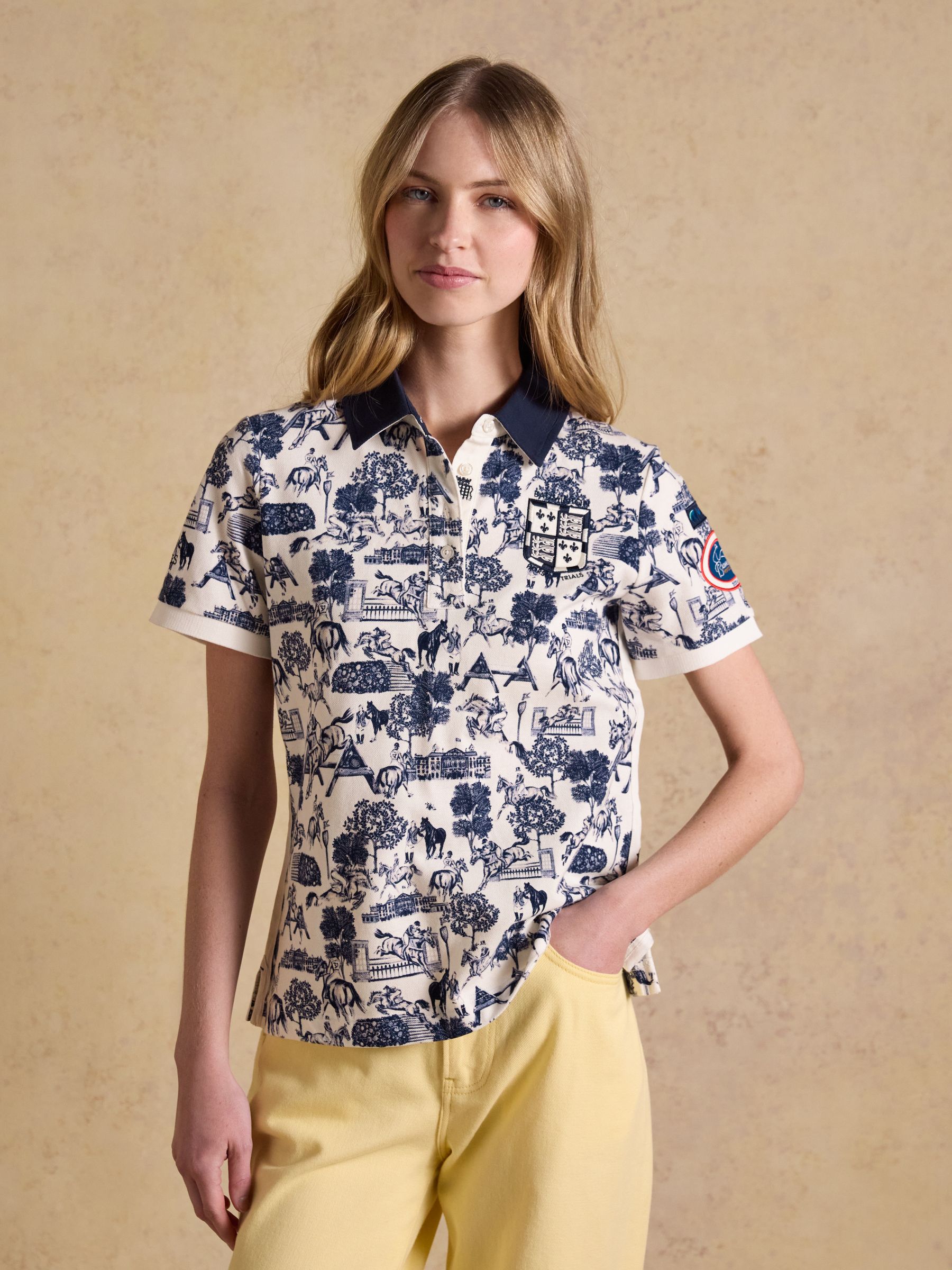 Cream/Blue Official Badminton Horse Trials Equestrian Print Cotton Pique Polo Shirt - Image 5 of 15