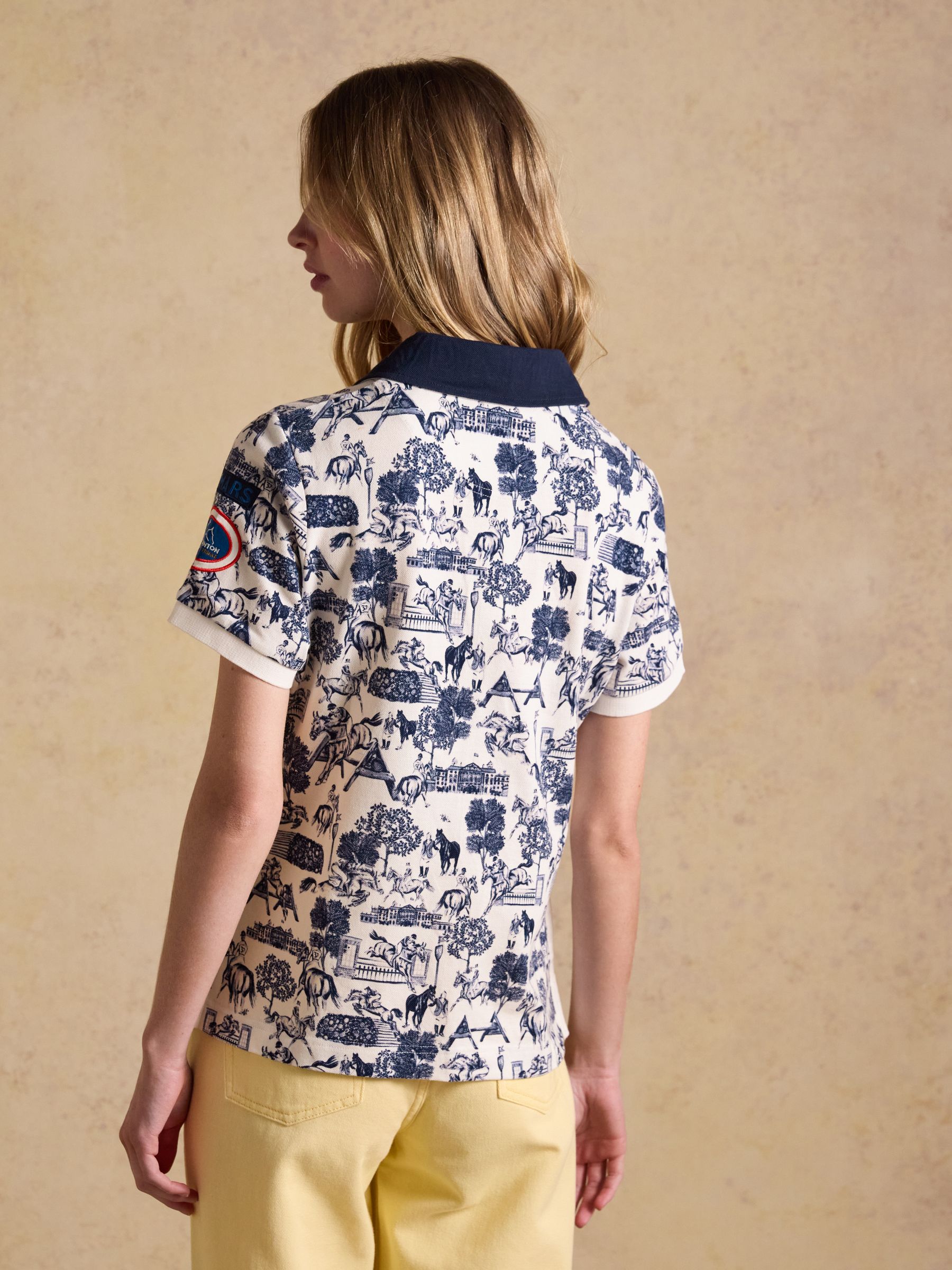 Cream/Blue Official Badminton Horse Trials Equestrian Print Cotton Pique Polo Shirt - Image 6 of 15