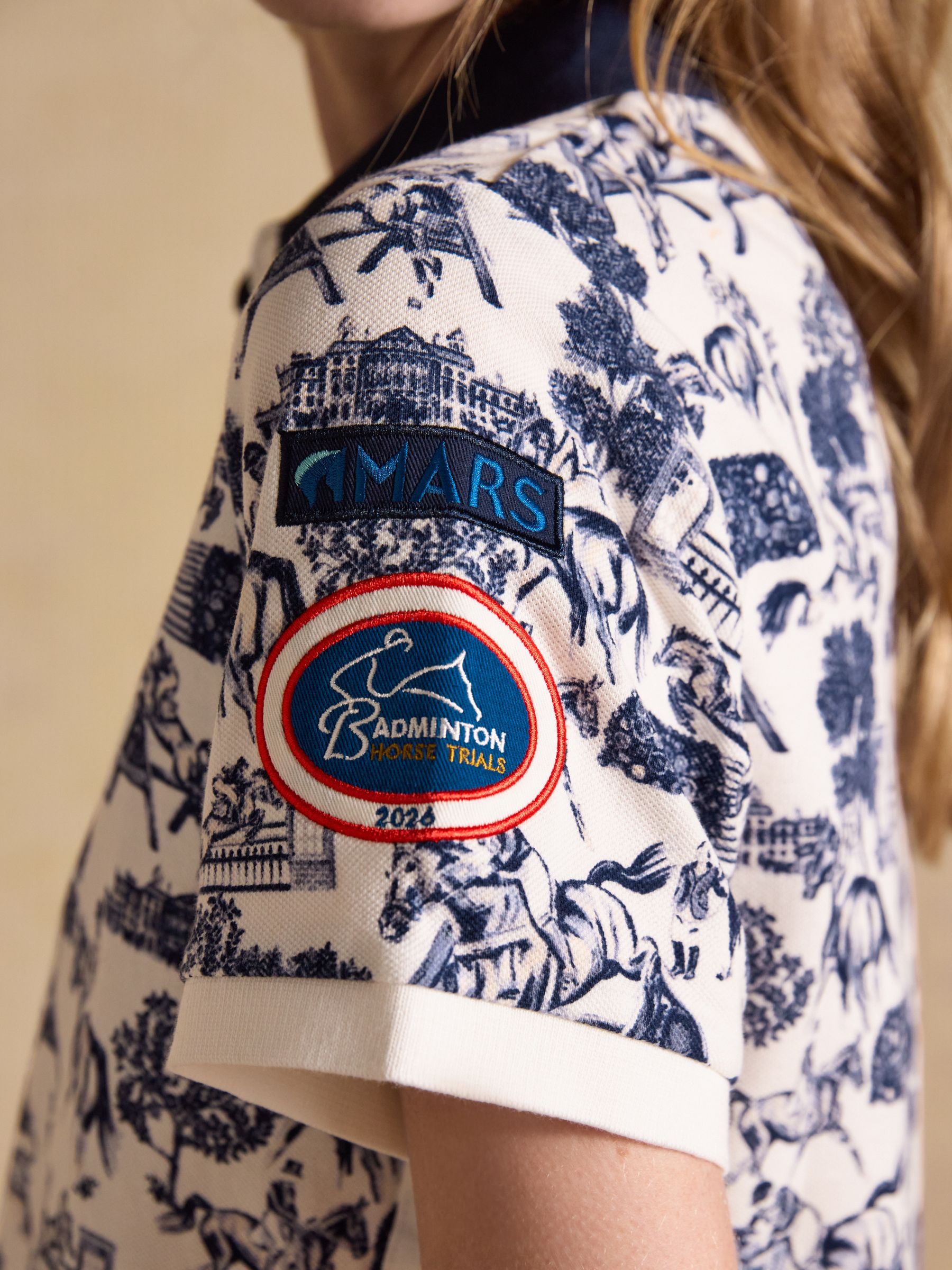 Cream/Blue Official Badminton Horse Trials Equestrian Print Cotton Pique Polo Shirt - Image 8 of 15