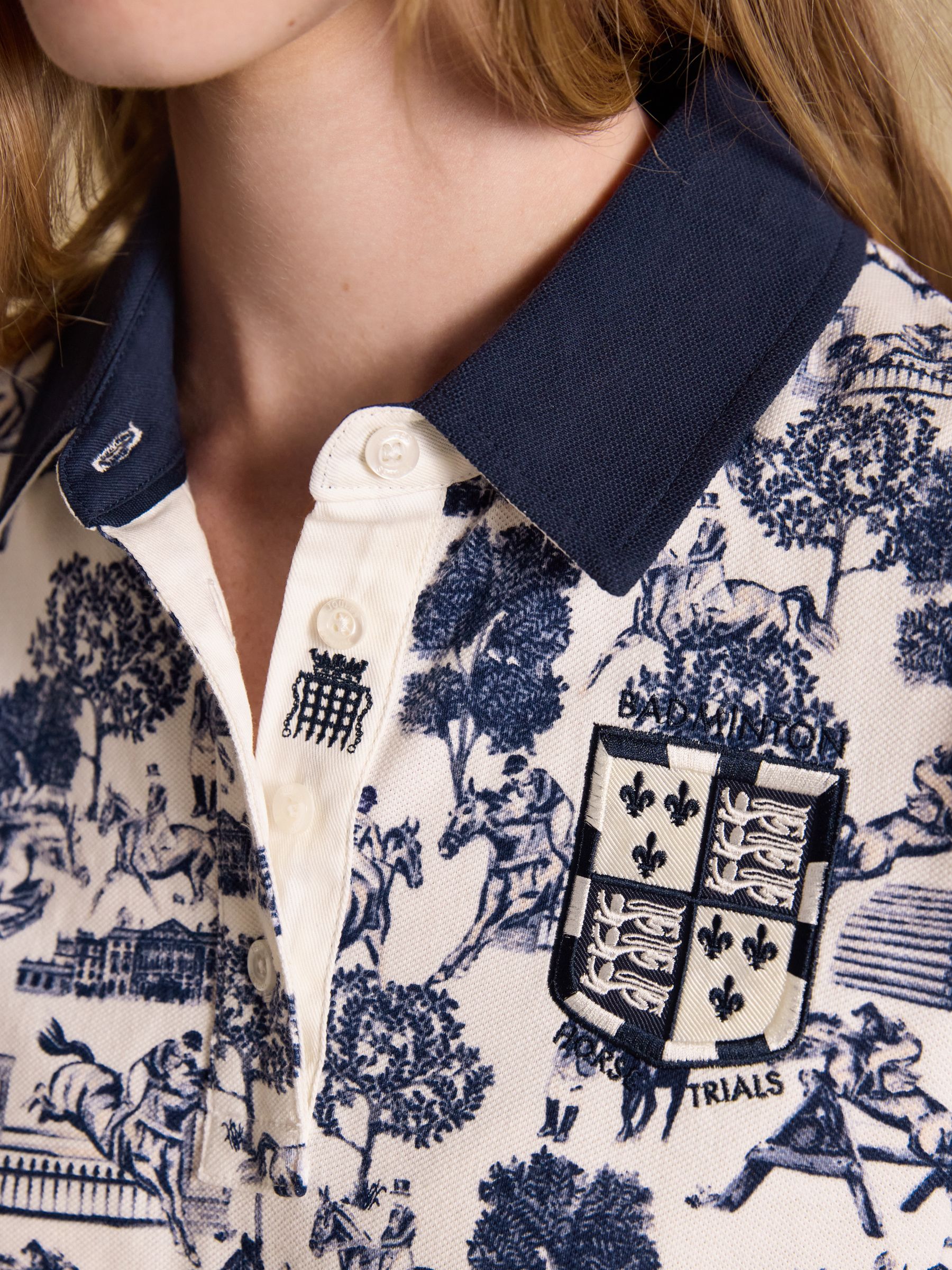 Cream/Blue Official Badminton Horse Trials Equestrian Print Cotton Pique Polo Shirt - Image 9 of 15