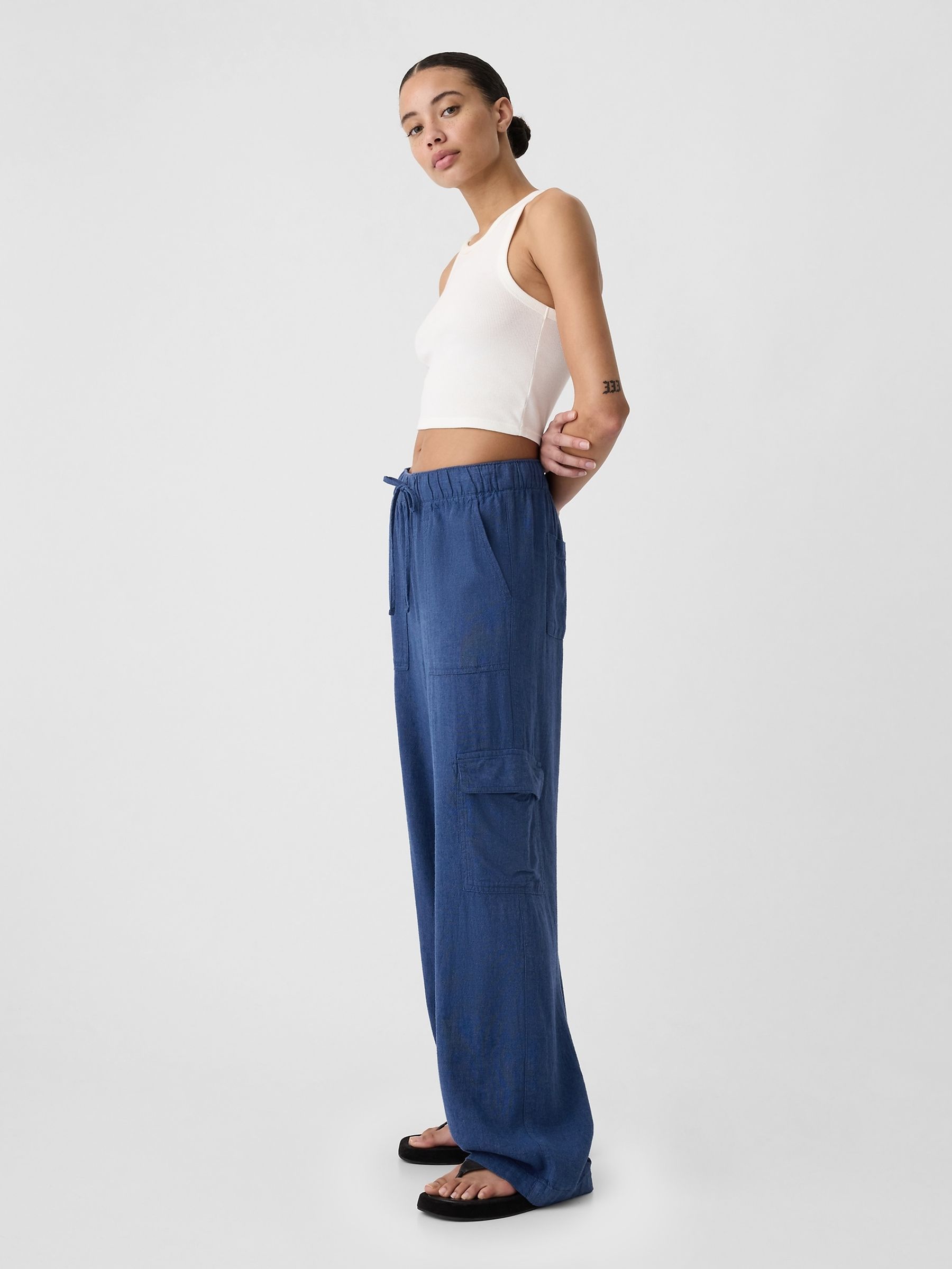 Blue Linen Blend Wide Leg Cargo Pull On Trousers - Image 2 of 5