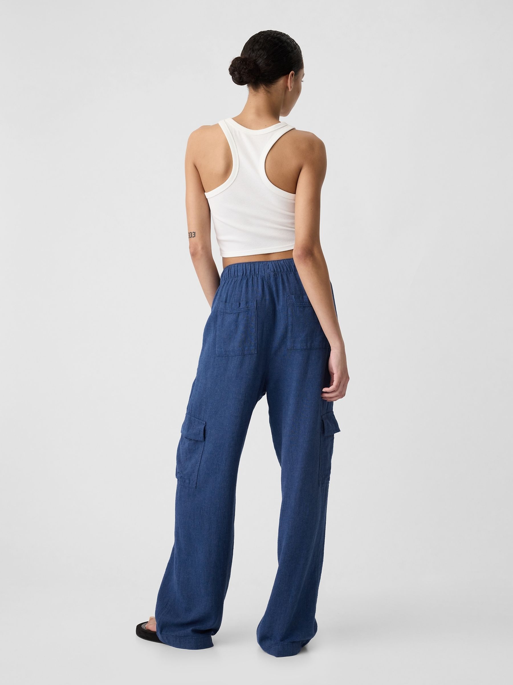 Blue Linen Blend Wide Leg Cargo Pull On Trousers - Image 3 of 5