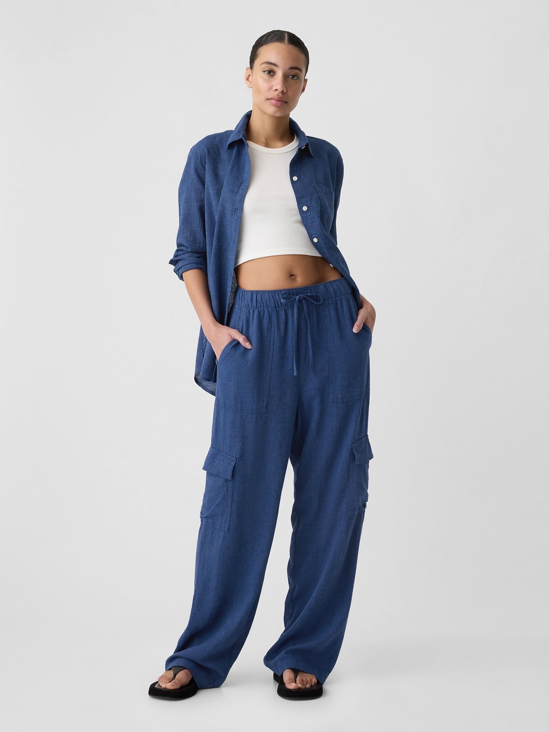 Blue Linen Blend Wide Leg Cargo Pull On Trousers - Image 4 of 5