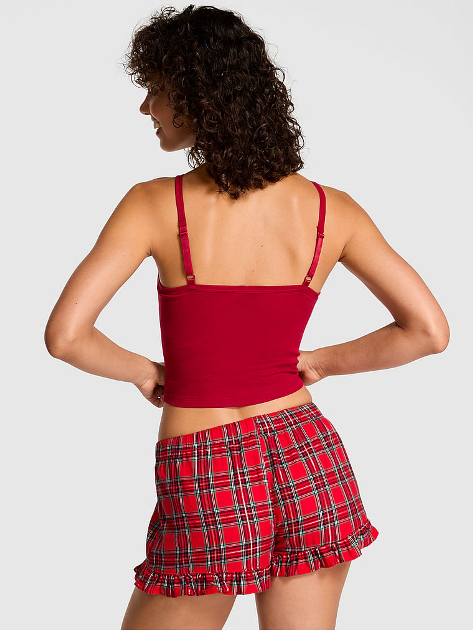 Bright Vermillion Red Tartan Velvet Bow Pyjama Bottoms - Image 3 of 3