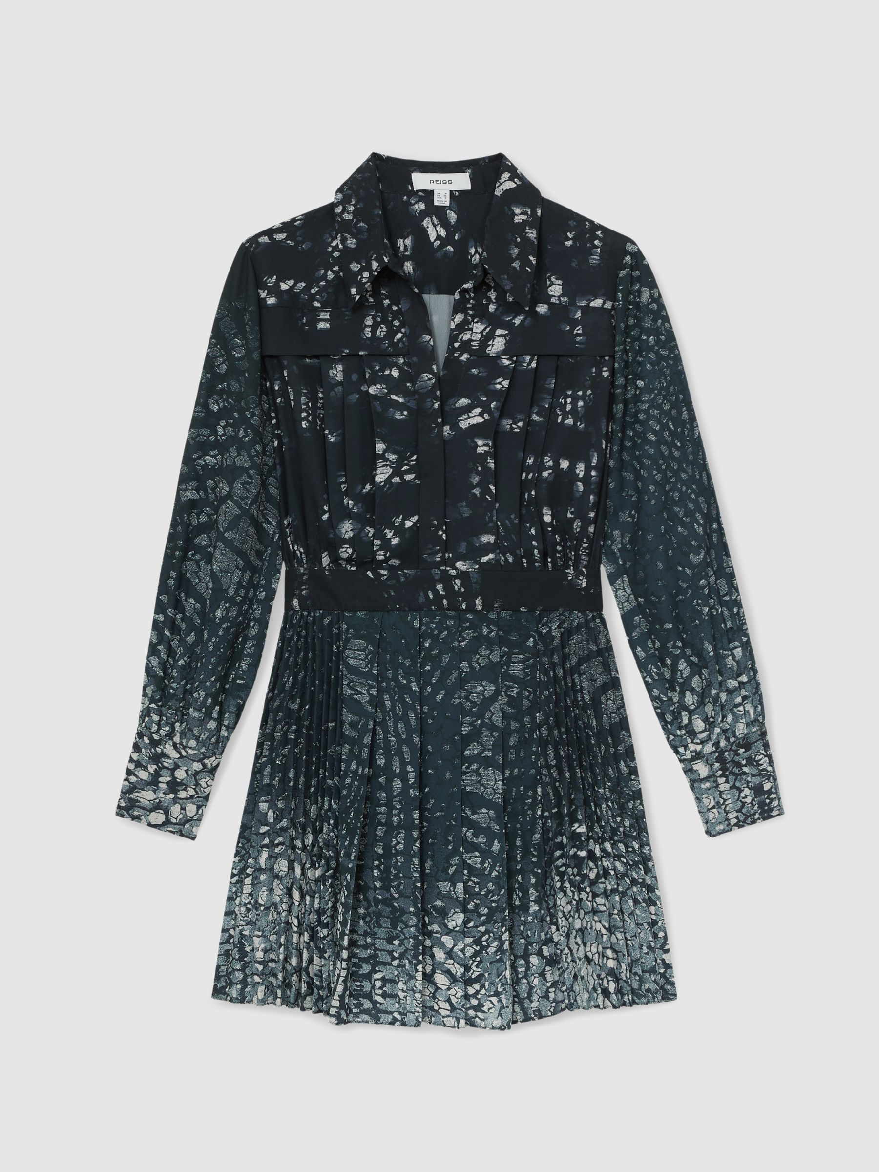 Printed Pleated Shirt Dress in Navy - Image 2 of 6