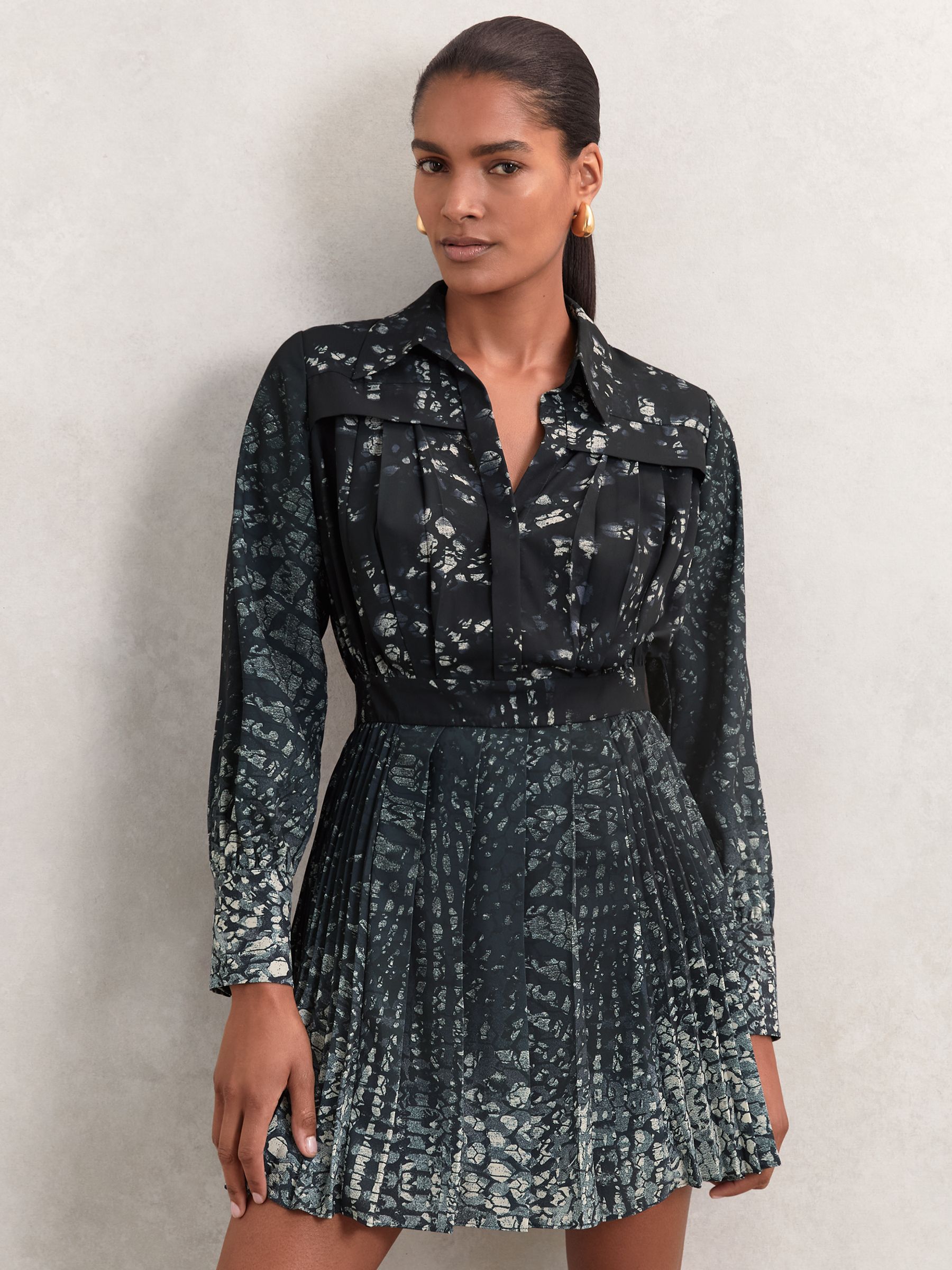 Printed Pleated Shirt Dress in Navy - image 4