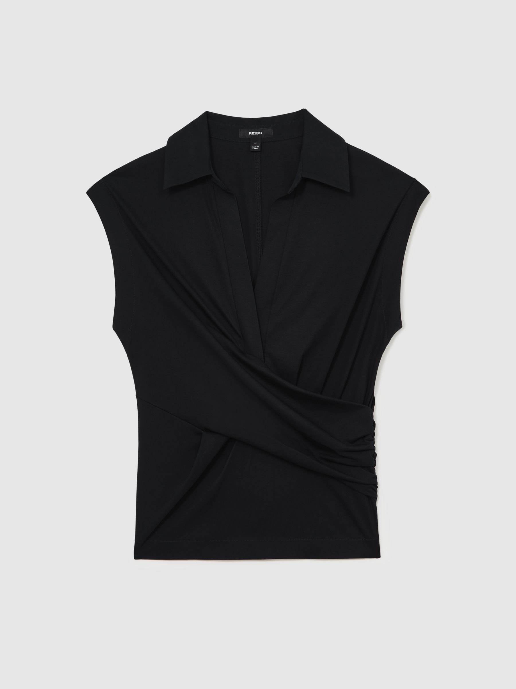 Stretch-Cotton Wrap-Front Collar Top in Navy - Image 2 of 7