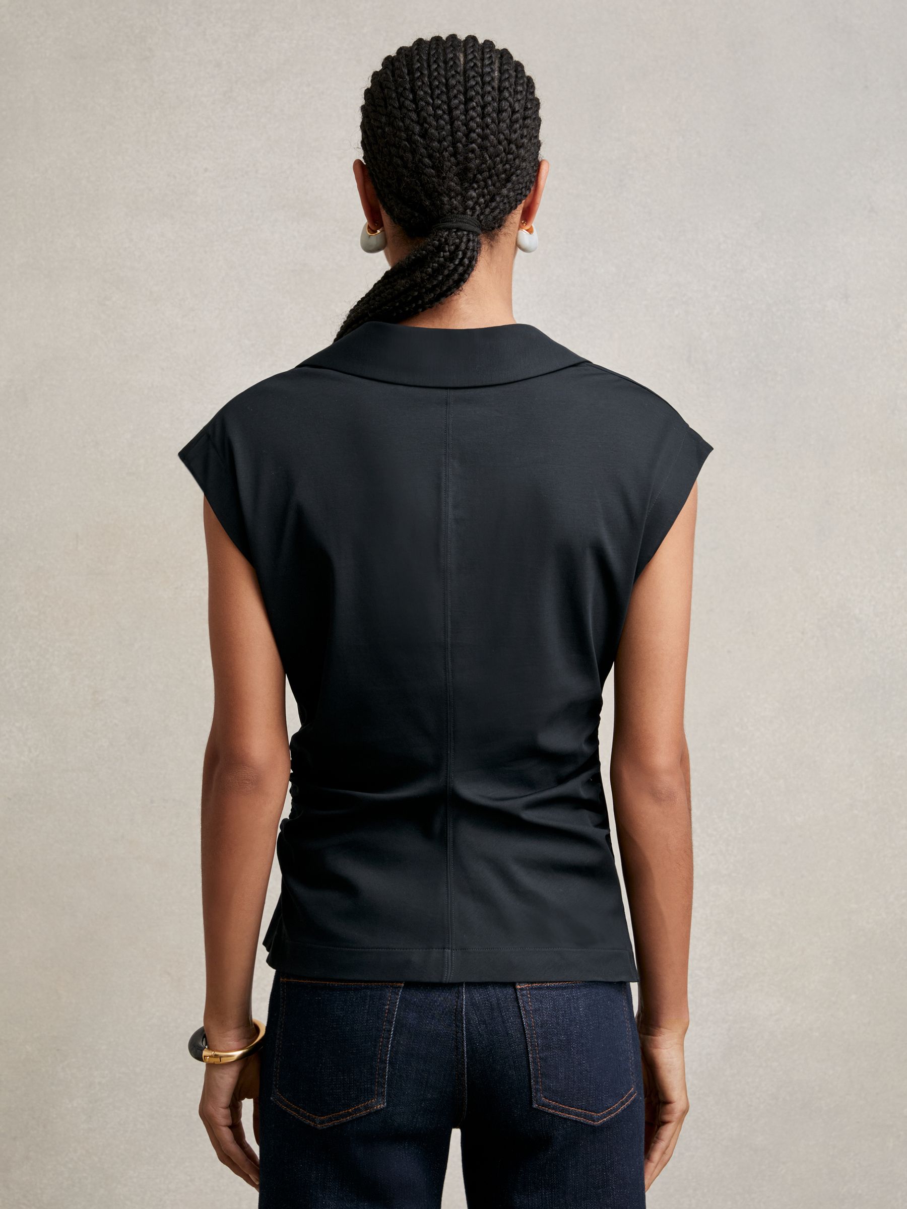 Stretch-Cotton Wrap-Front Collar Top in Navy - Image 4 of 7