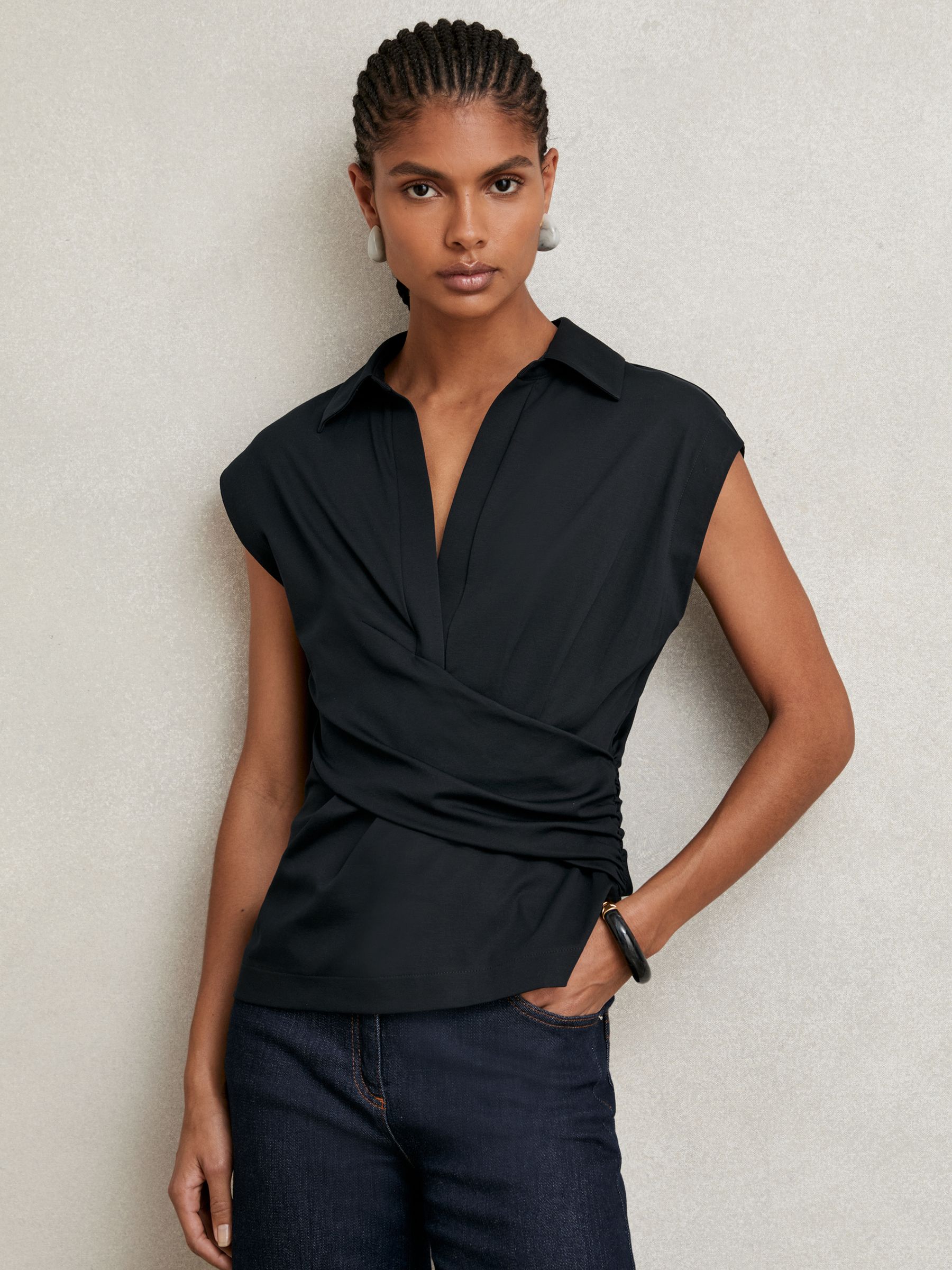 Stretch-Cotton Wrap-Front Collar Top in Navy - Image 5 of 7