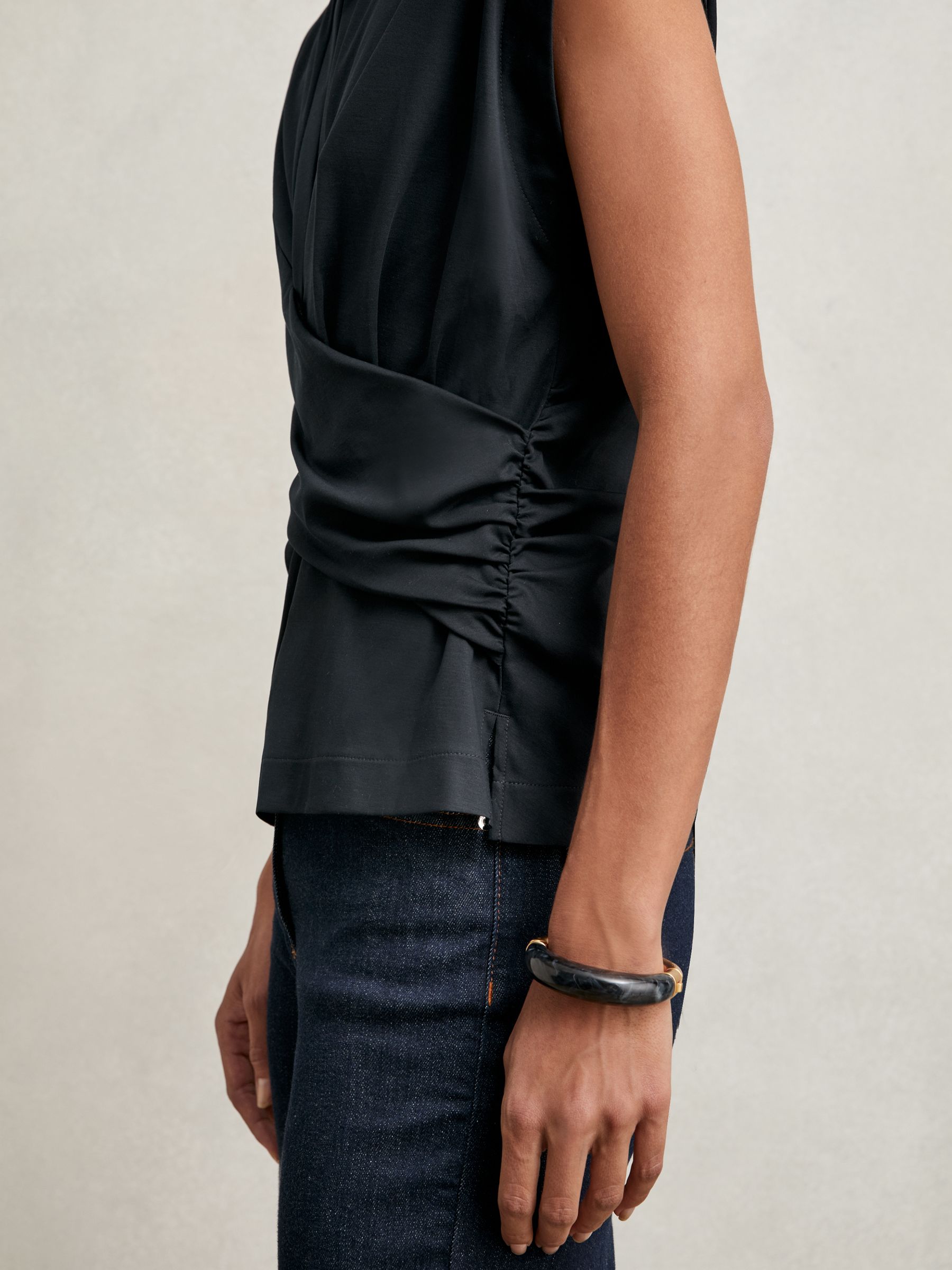 Stretch-Cotton Wrap-Front Collar Top in Navy - Image 6 of 7
