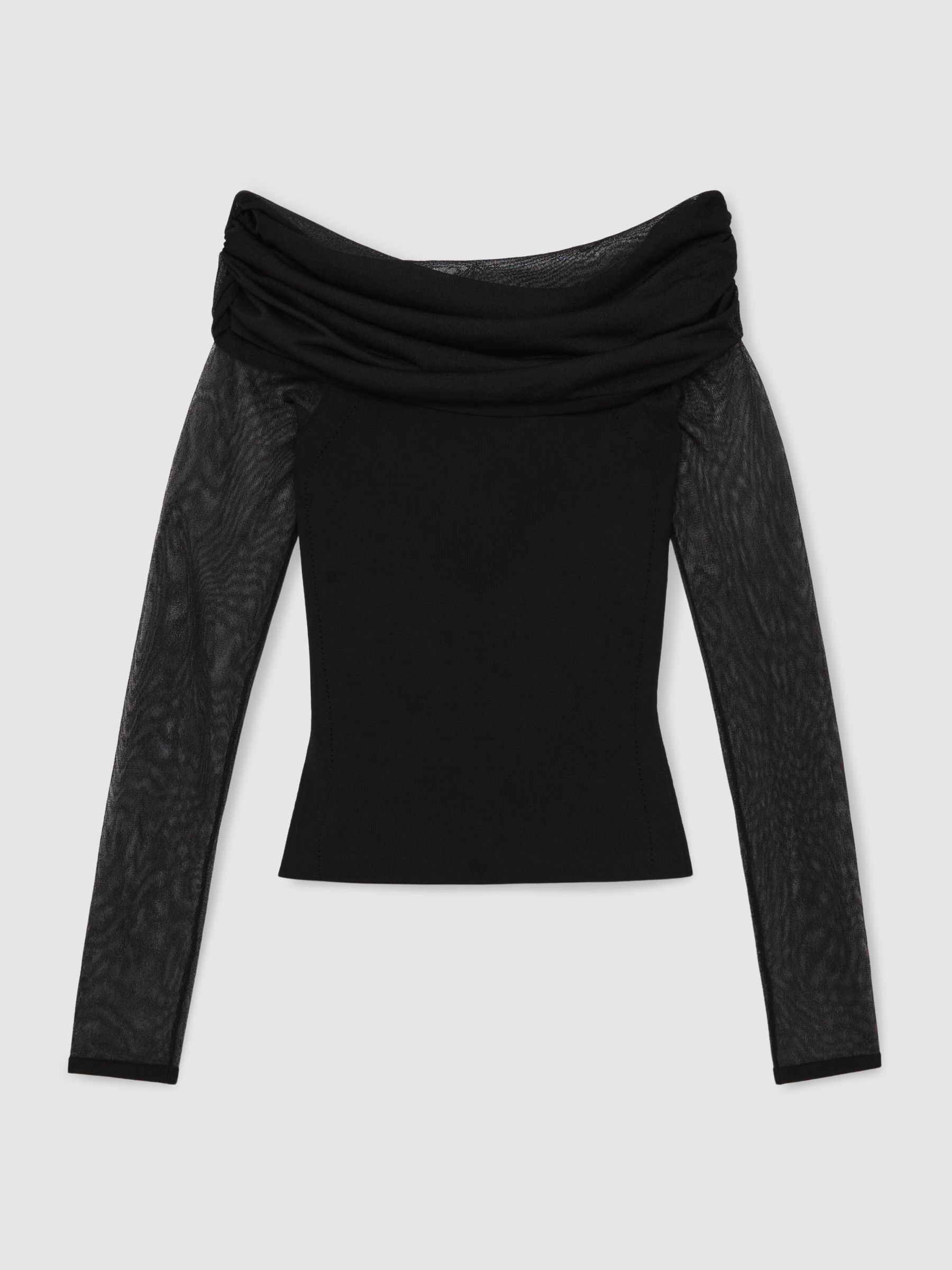 Sheer Mesh Bardot Top in Black - Image 2 of 5