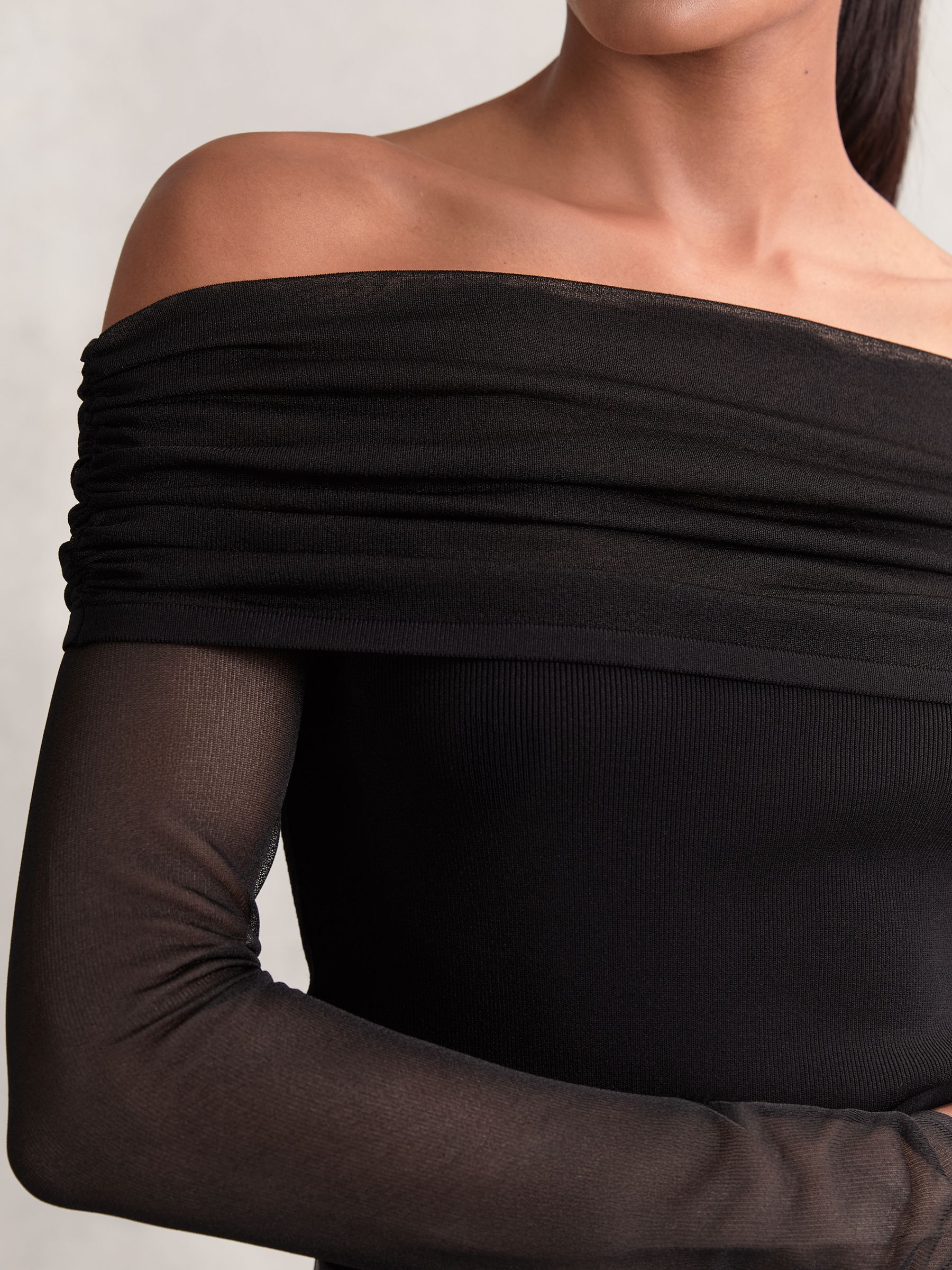 Sheer Mesh Bardot Top in Black - Image 3 of 5