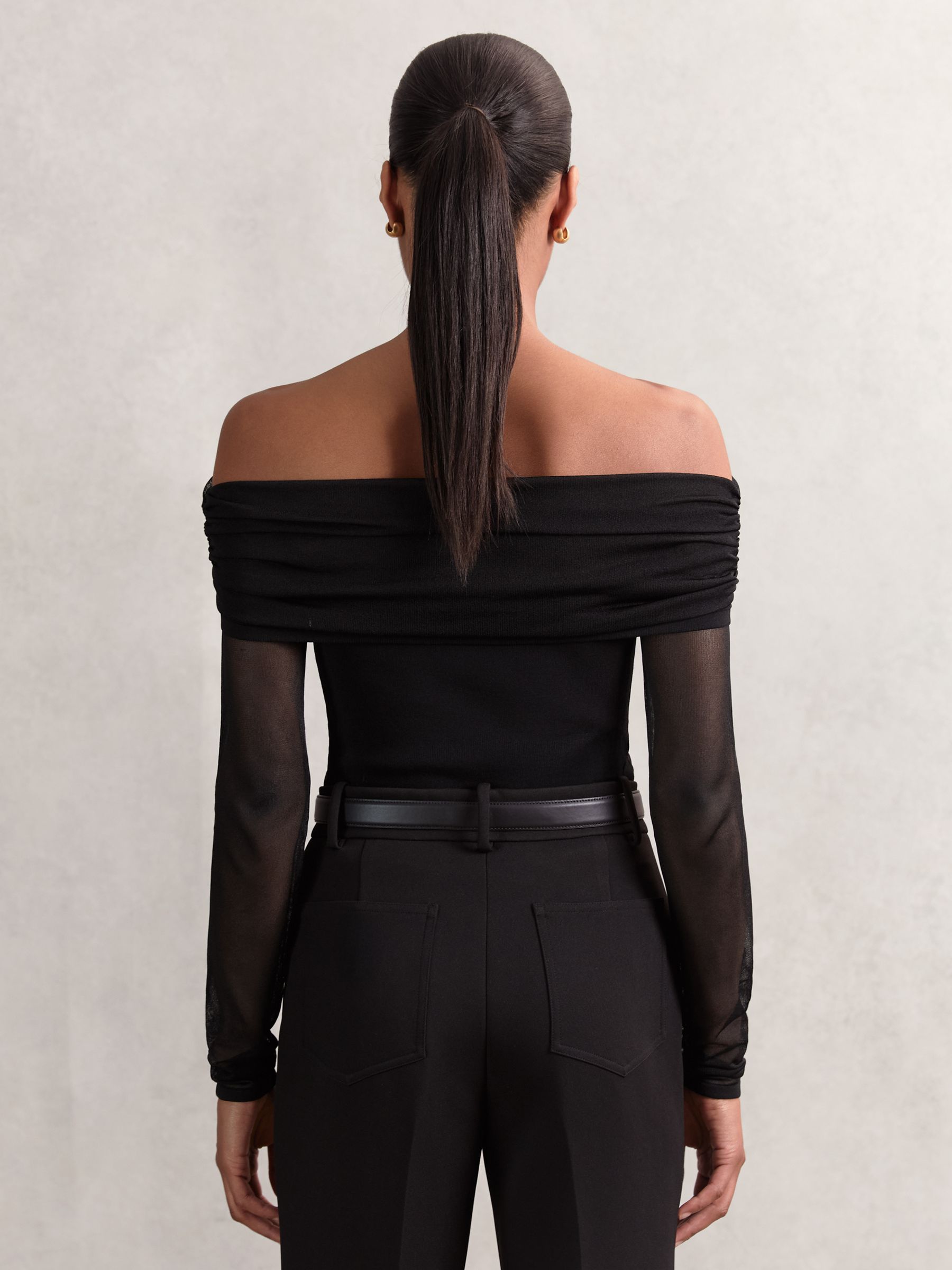 Sheer Mesh Bardot Top in Black - Image 4 of 5