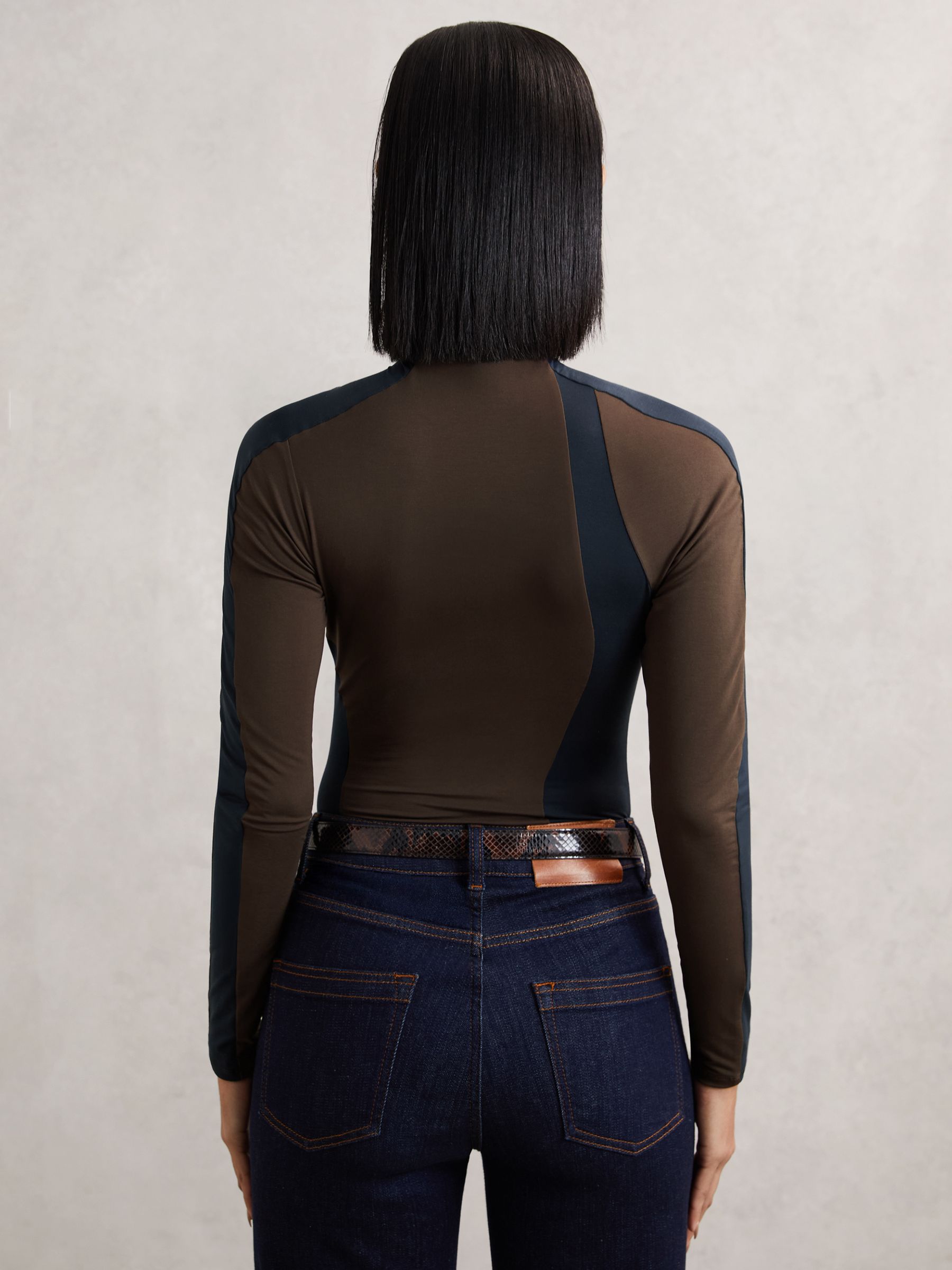 Stretch-Lyocell Panel Ruched Bodysuit in Navy/Camel - Image 5 of 6