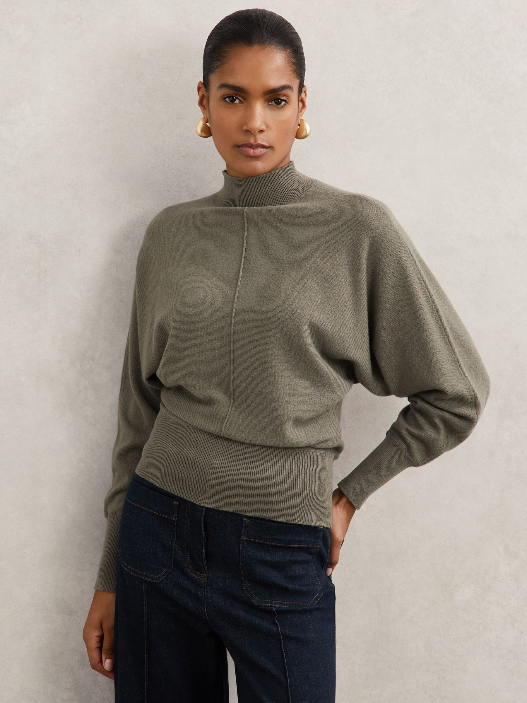 Wool-Blend Funnel-Neck Batwing Jumper with Cashmere in Sage Green - Image 1 of 6