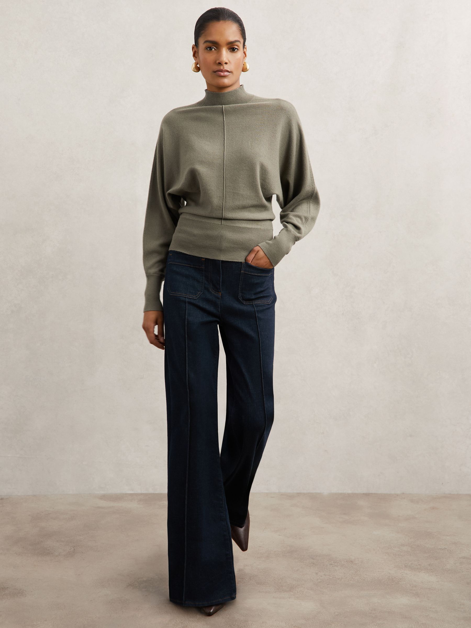 Wool-Blend Funnel-Neck Batwing Jumper with Cashmere in Sage Green - Image 3 of 6