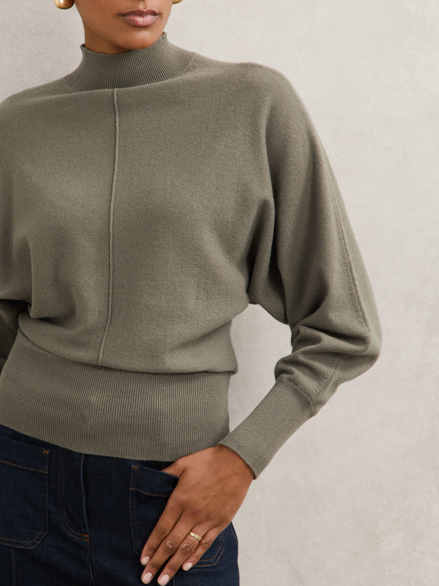 Wool-Blend Funnel-Neck Batwing Jumper with Cashmere in Sage Green - image 5