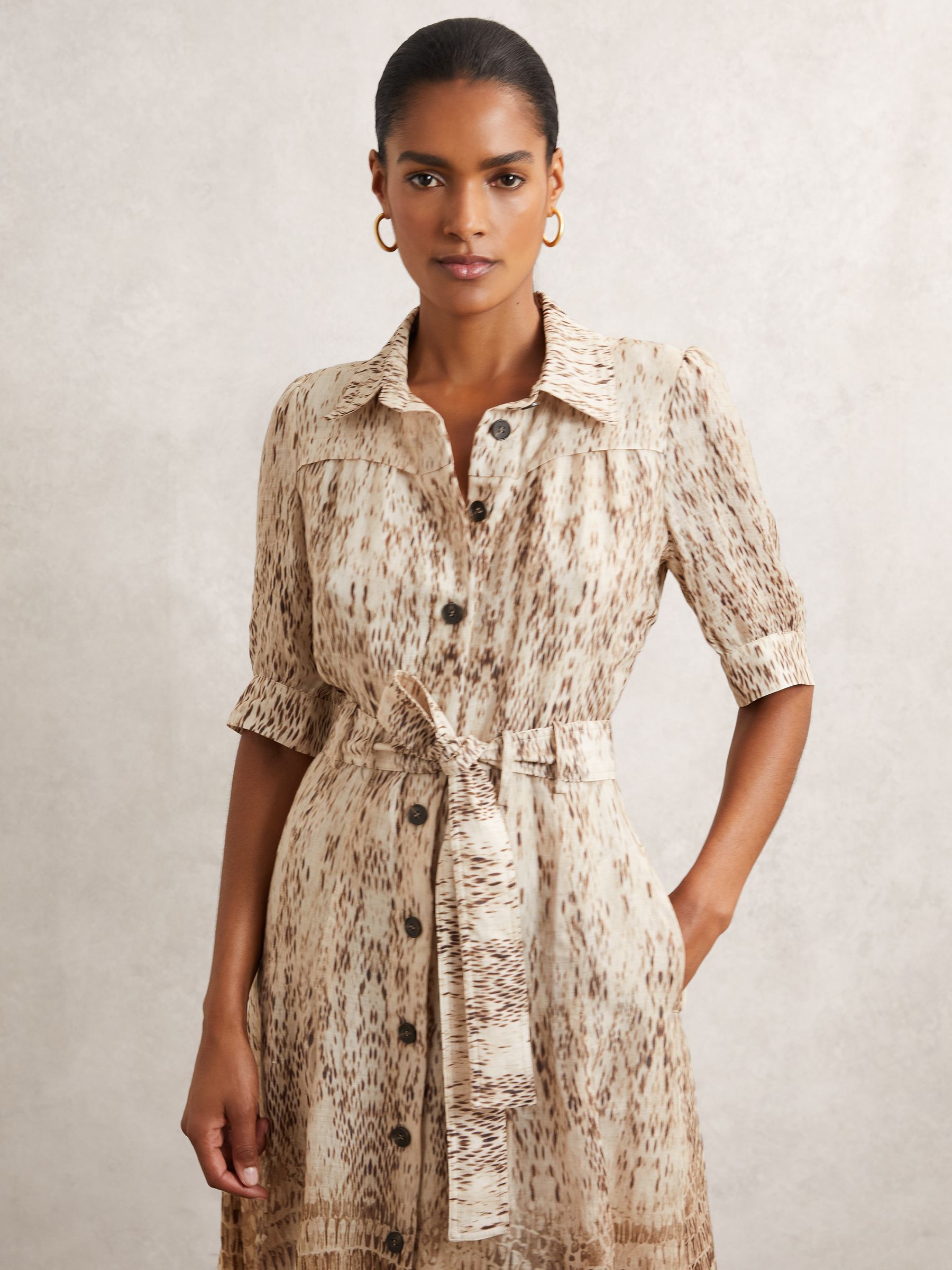 Animal-Print Belted Shirt Dress in Neutral - image 4