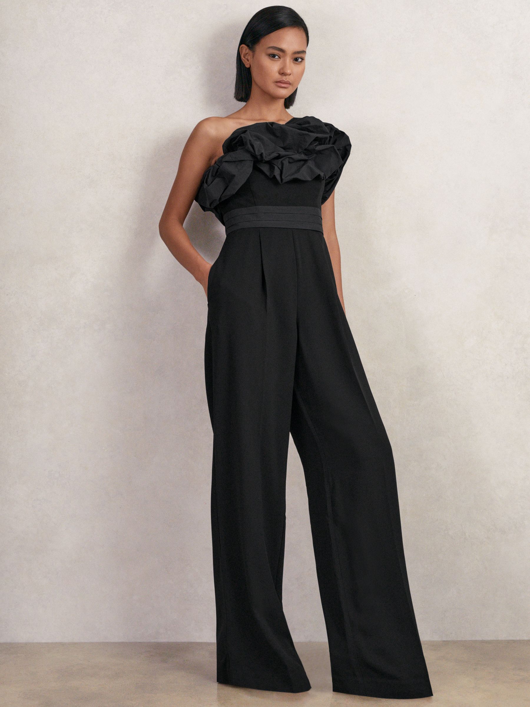 Sculptural Strapless Wide-Leg Jumpsuit in Black - Image 1 of 5 Sculptural Strapless Wide-Leg Jumpsuit in Black - Image 1 of 5