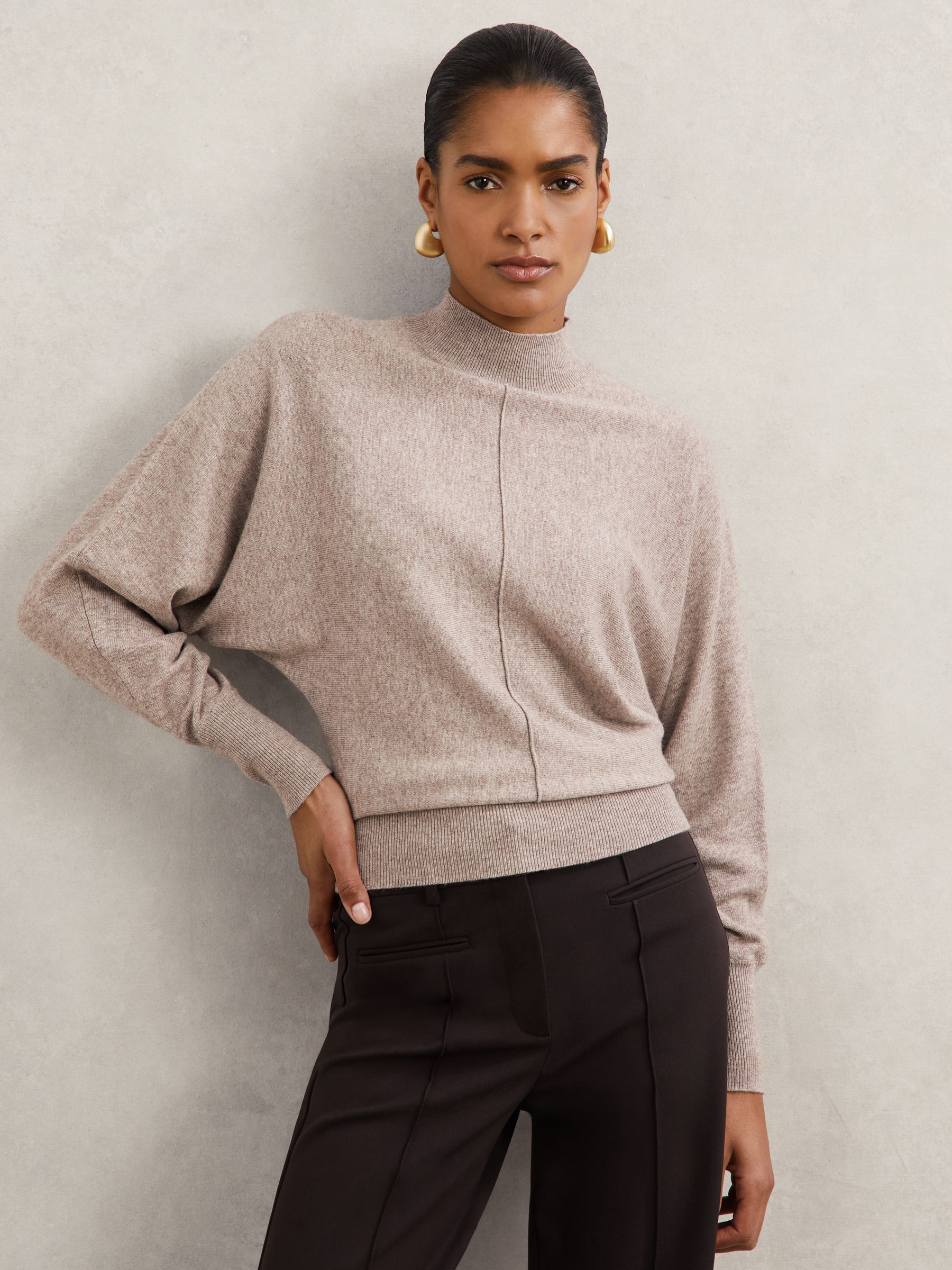 Wool-Blend Funnel-Neck Batwing Jumper with Cashmere in Neutral - Image 1 of 6