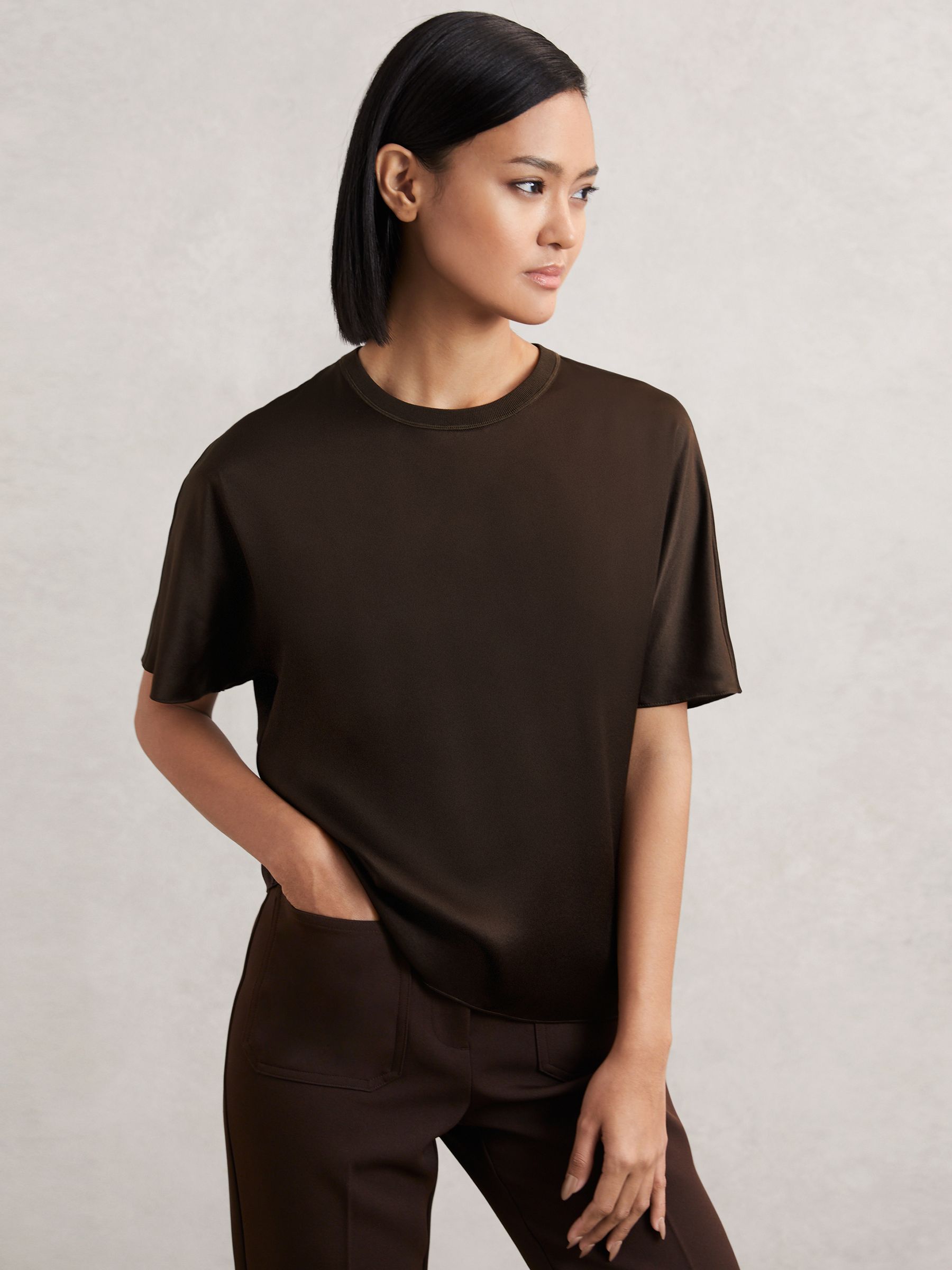 Silk Short-Sleeve Top in Chocolate Brown - Image 1 of 6 Silk Short-Sleeve Top in Chocolate Brown - Image 1 of 6