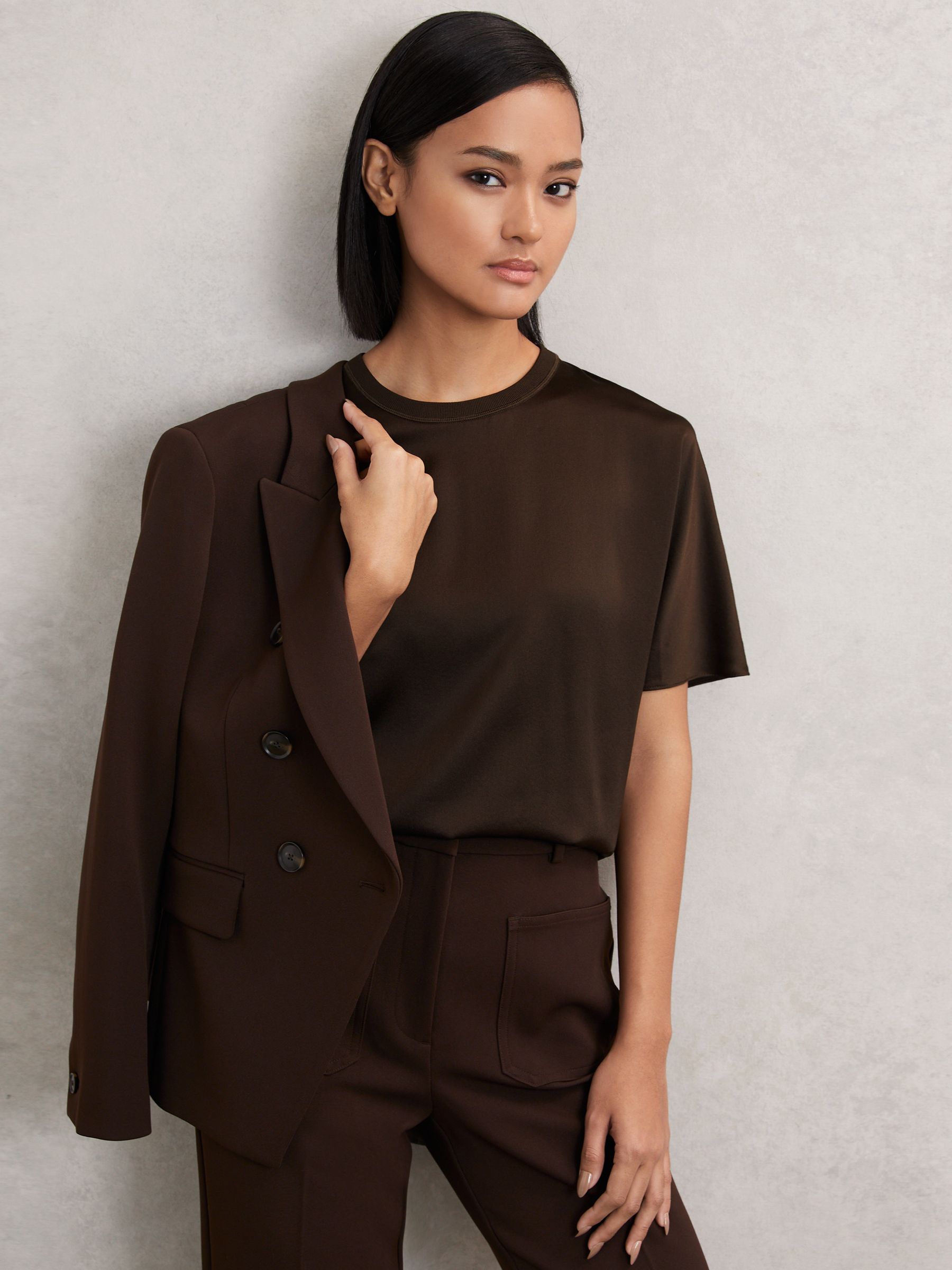 Silk Short-Sleeve Top in Chocolate Brown - image 4