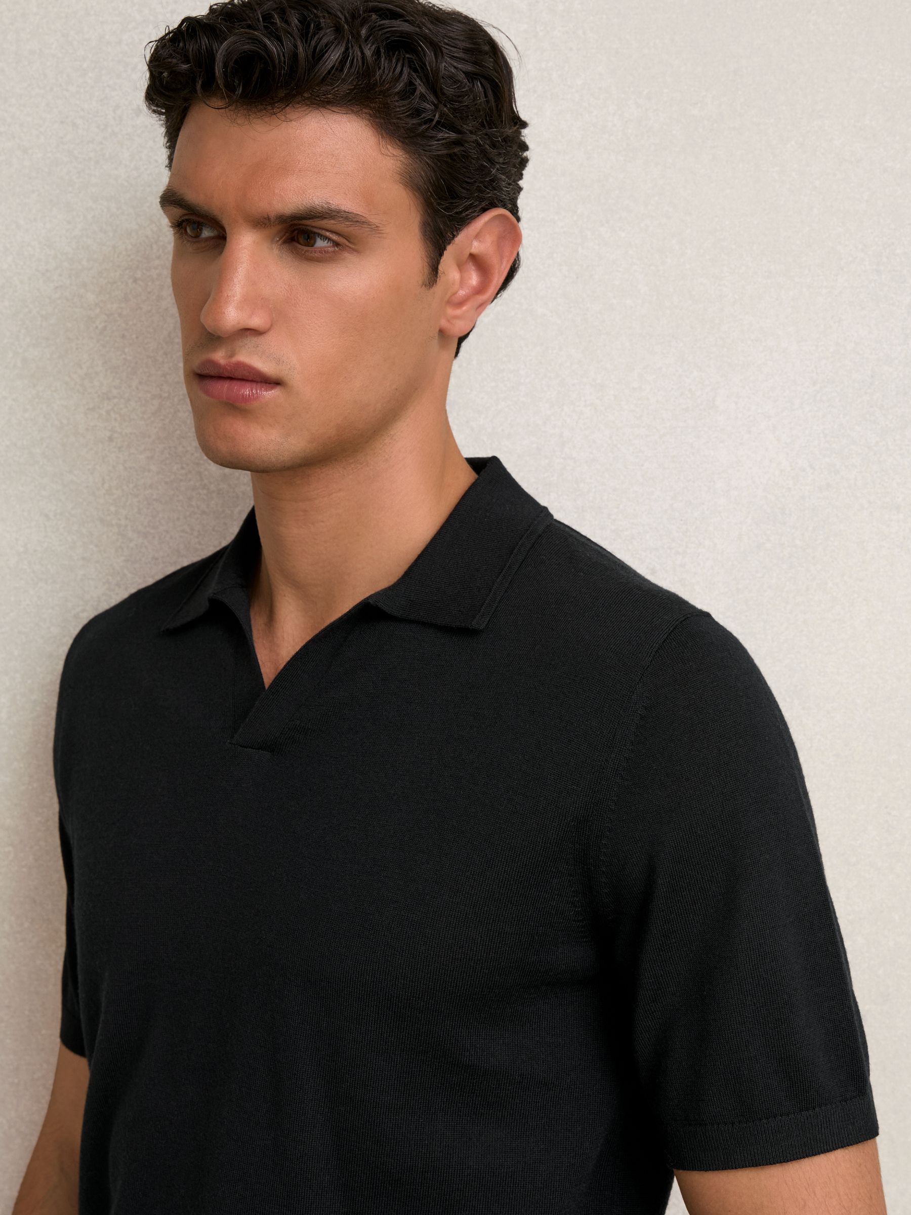 Merino Wool Open-Collar Polo Shirt in Black - Image 1 of 7