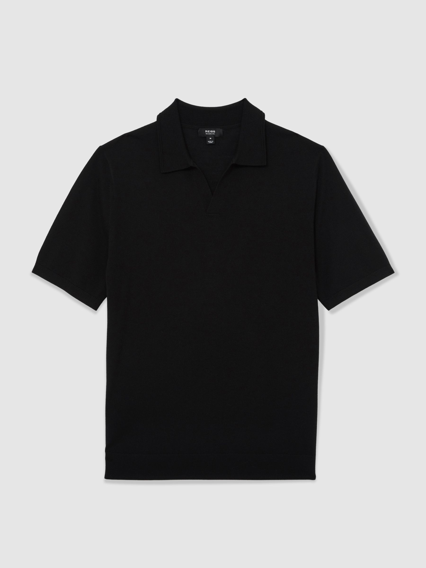 Merino Wool Open-Collar Polo Shirt in Black - Image 2 of 7