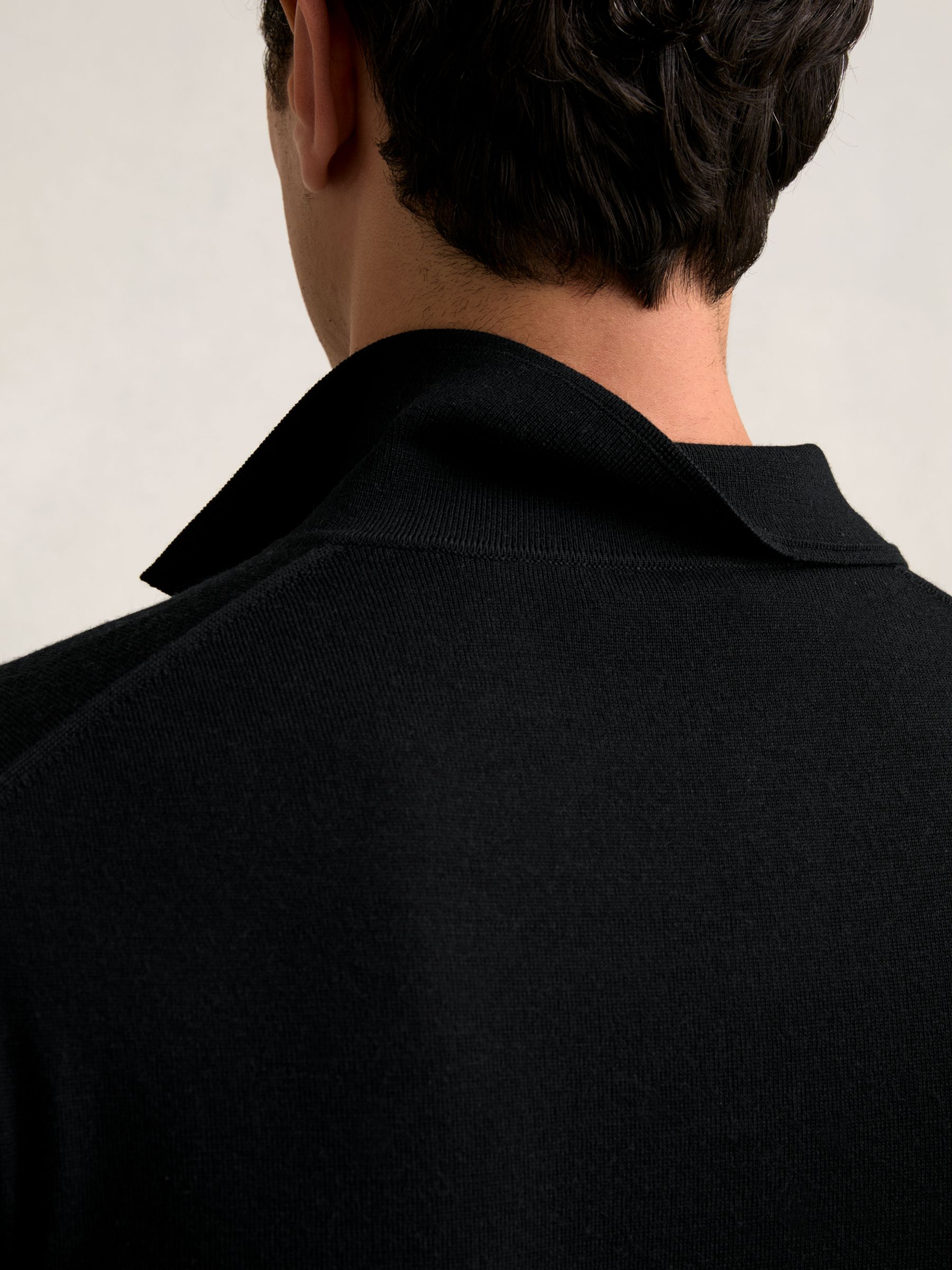 Merino Wool Open-Collar Polo Shirt in Black - Image 4 of 7