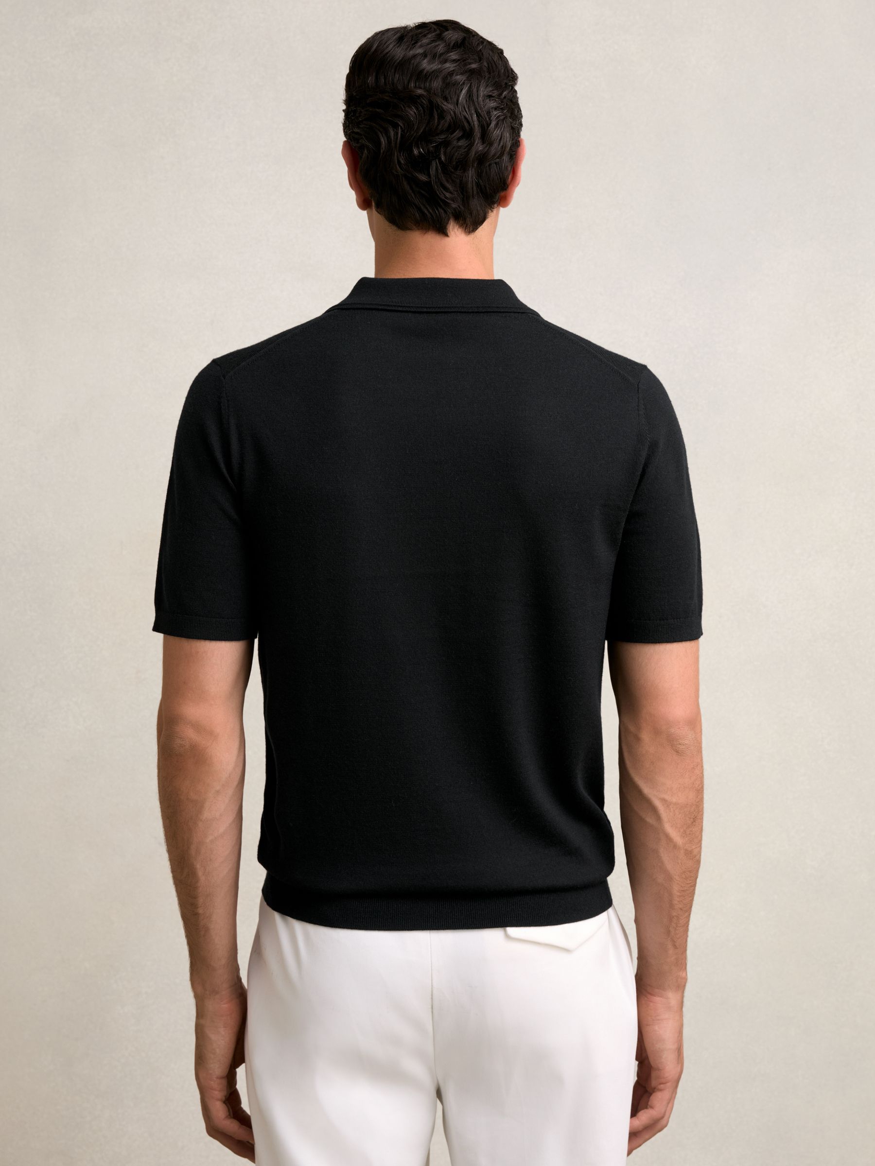 Merino Wool Open-Collar Polo Shirt in Black - Image 5 of 7