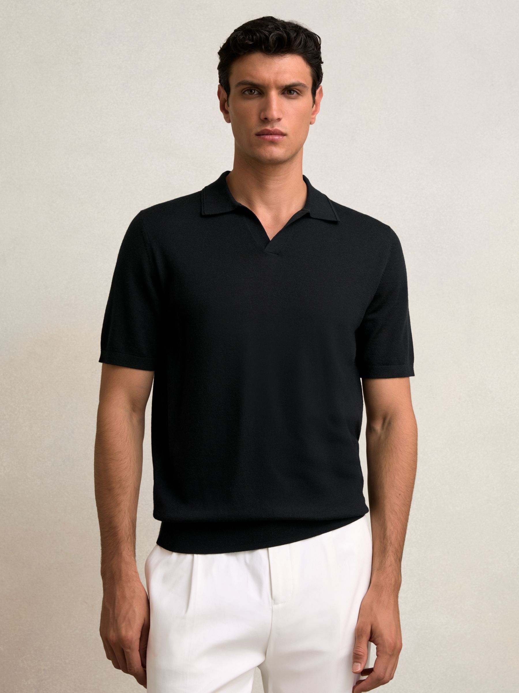 Merino Wool Open-Collar Polo Shirt in Black - Image 6 of 7