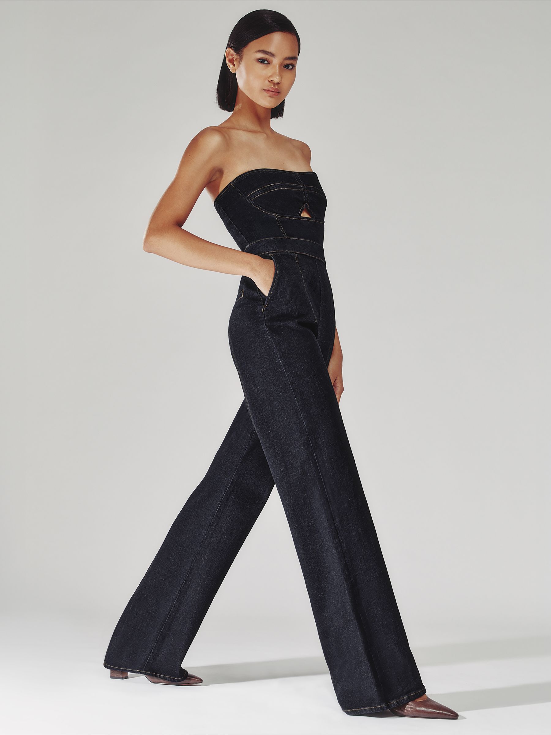 Strapless Wide Leg Denim Jumpsuit in Indigo Blue - Image 1 of 7