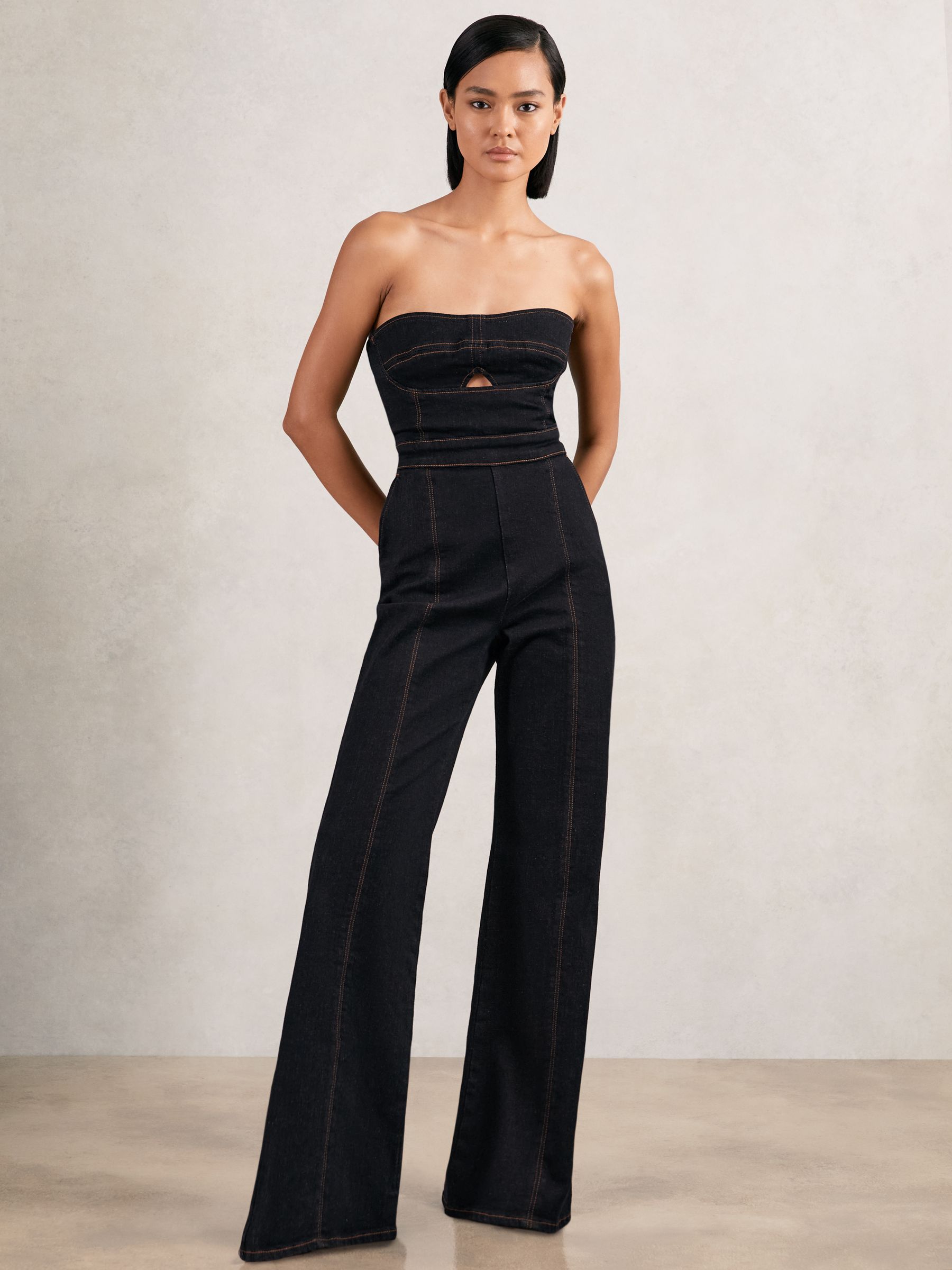 Strapless Wide Leg Denim Jumpsuit in Indigo Blue - Image 3 of 7