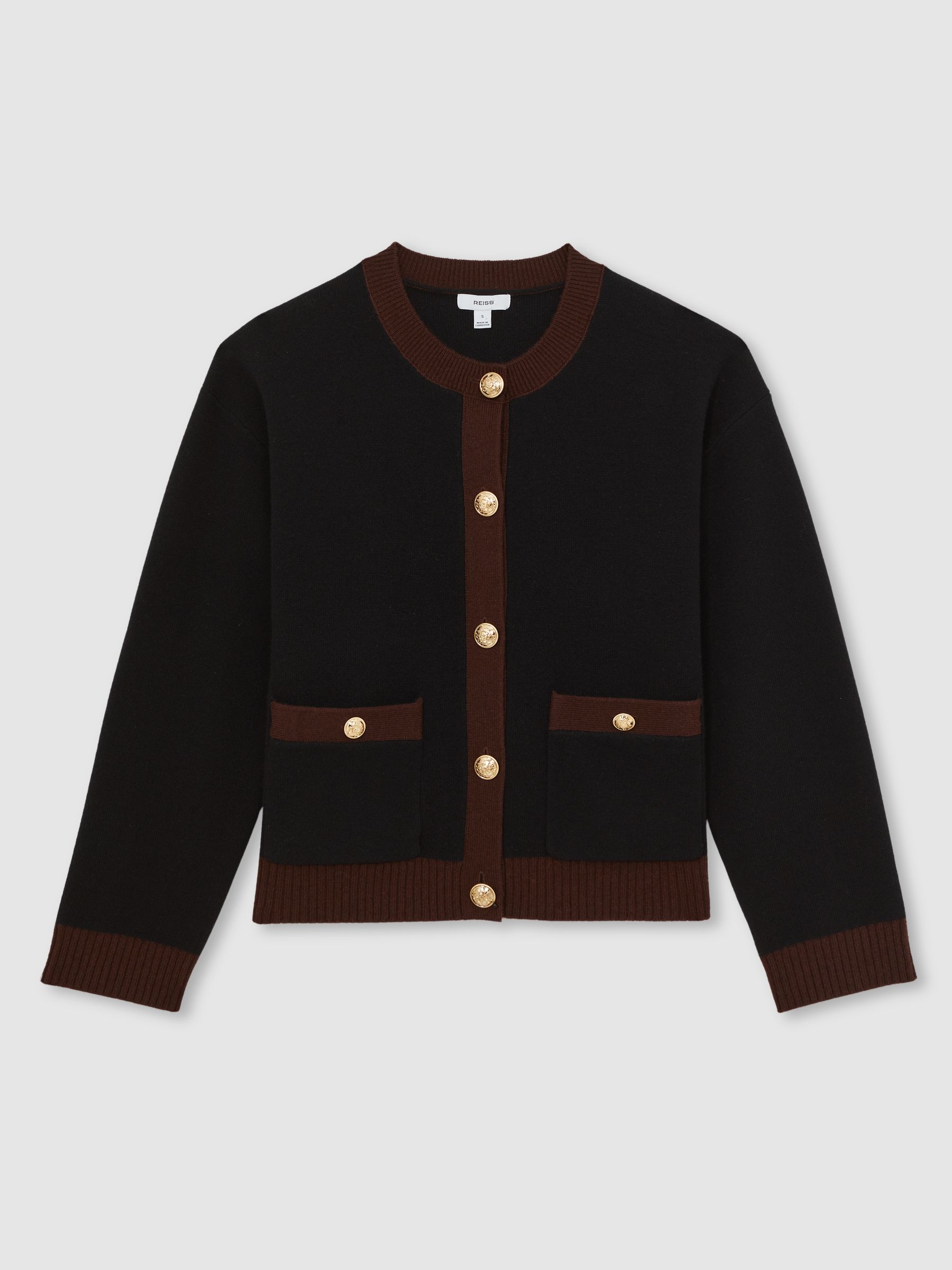 Wool-Cashmere Crew-Neck Cardigan in Burgundy/Black - Image 2 of 5