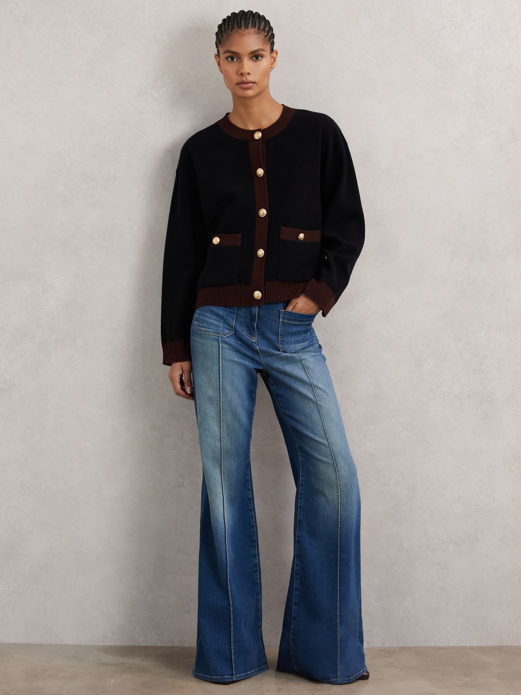 Wool-Cashmere Crew-Neck Cardigan in Burgundy/Black - Image 4 of 5