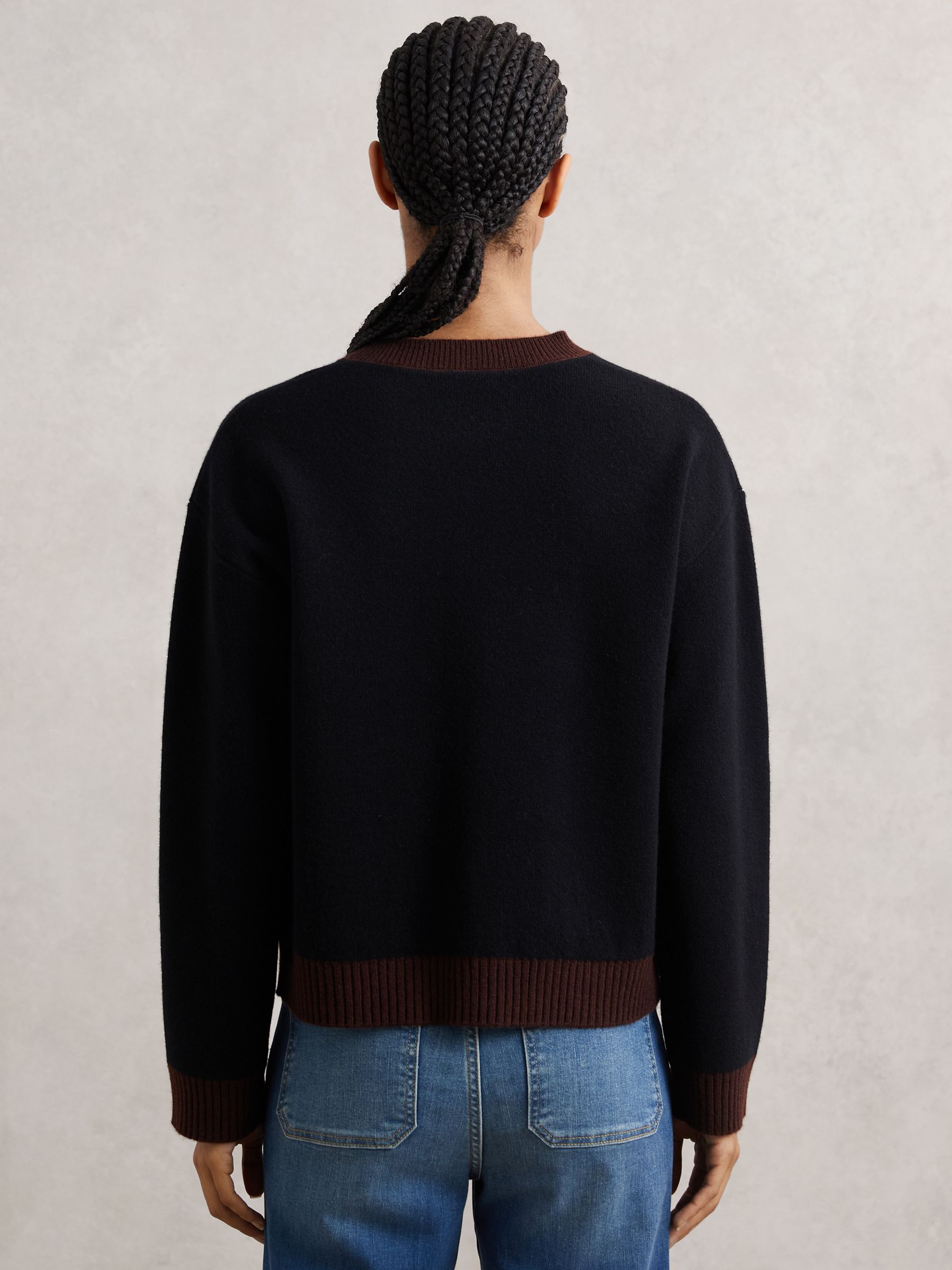 Wool-Cashmere Crew-Neck Cardigan in Burgundy/Black - Image 5 of 5