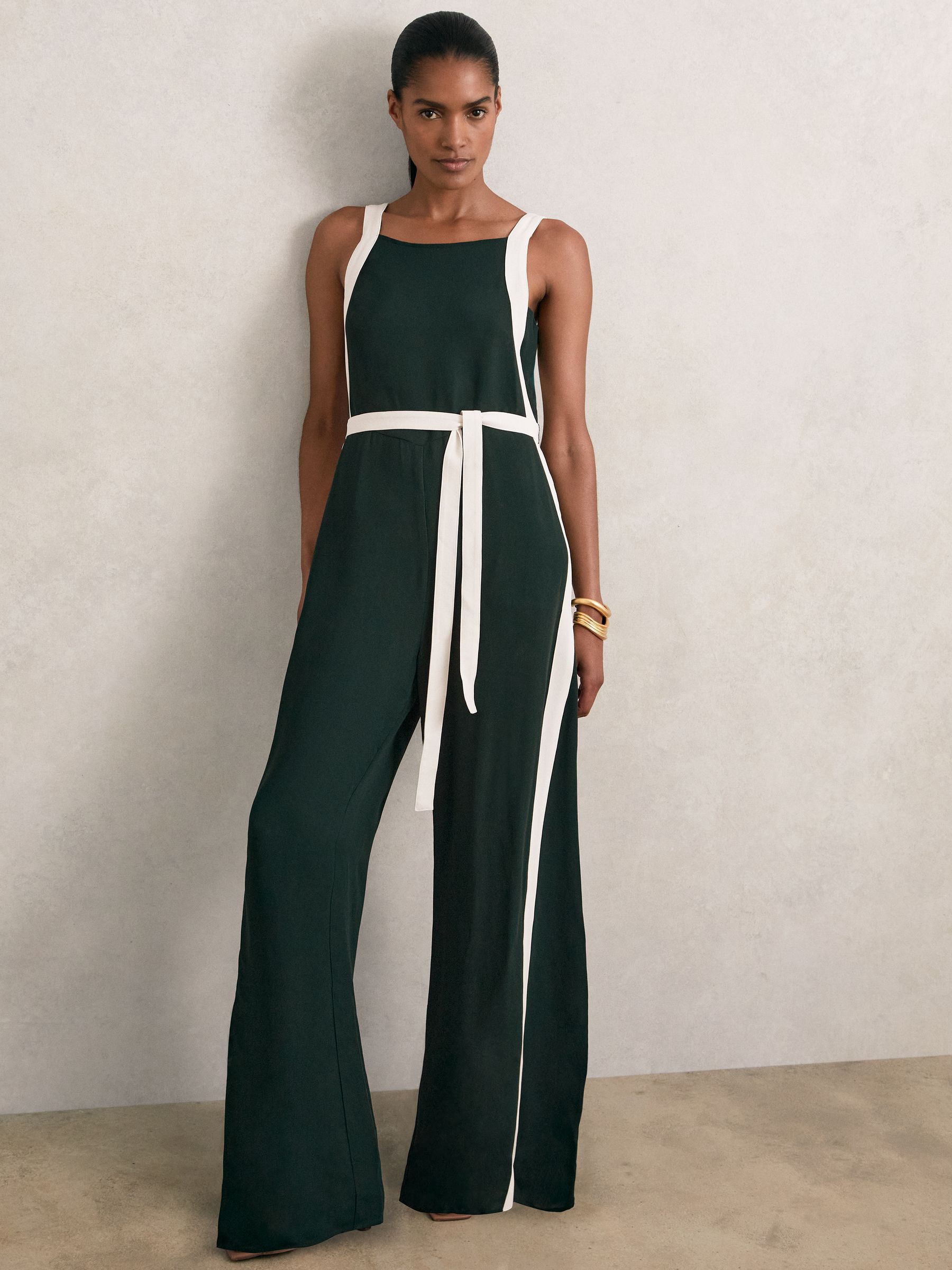 Petite Colourblock Wide Leg Belted Jumpsuit in Dark Green/Cream - Image 1 of 7